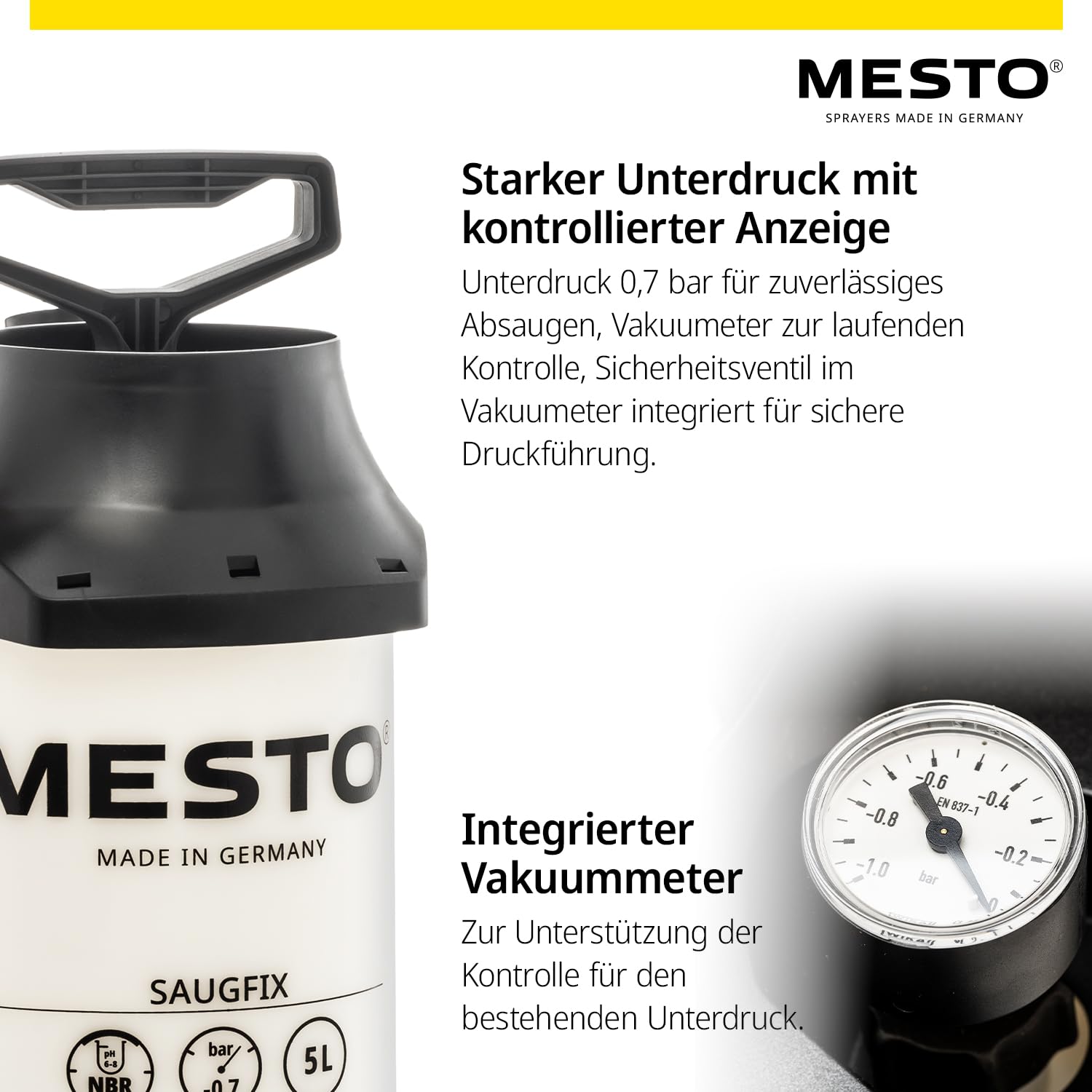 Mesto SAUGFIX Sauggerät 5 L| Saugpumpe mit 0,7 bar Unterdruck | Ölabsaugpumpe für Schmieröl & Nicht Aggressive Flüssigkeiten | Ideal für Auto, Werkstatt & Industrie | mit Kugelhahn & SK-Verschraubung