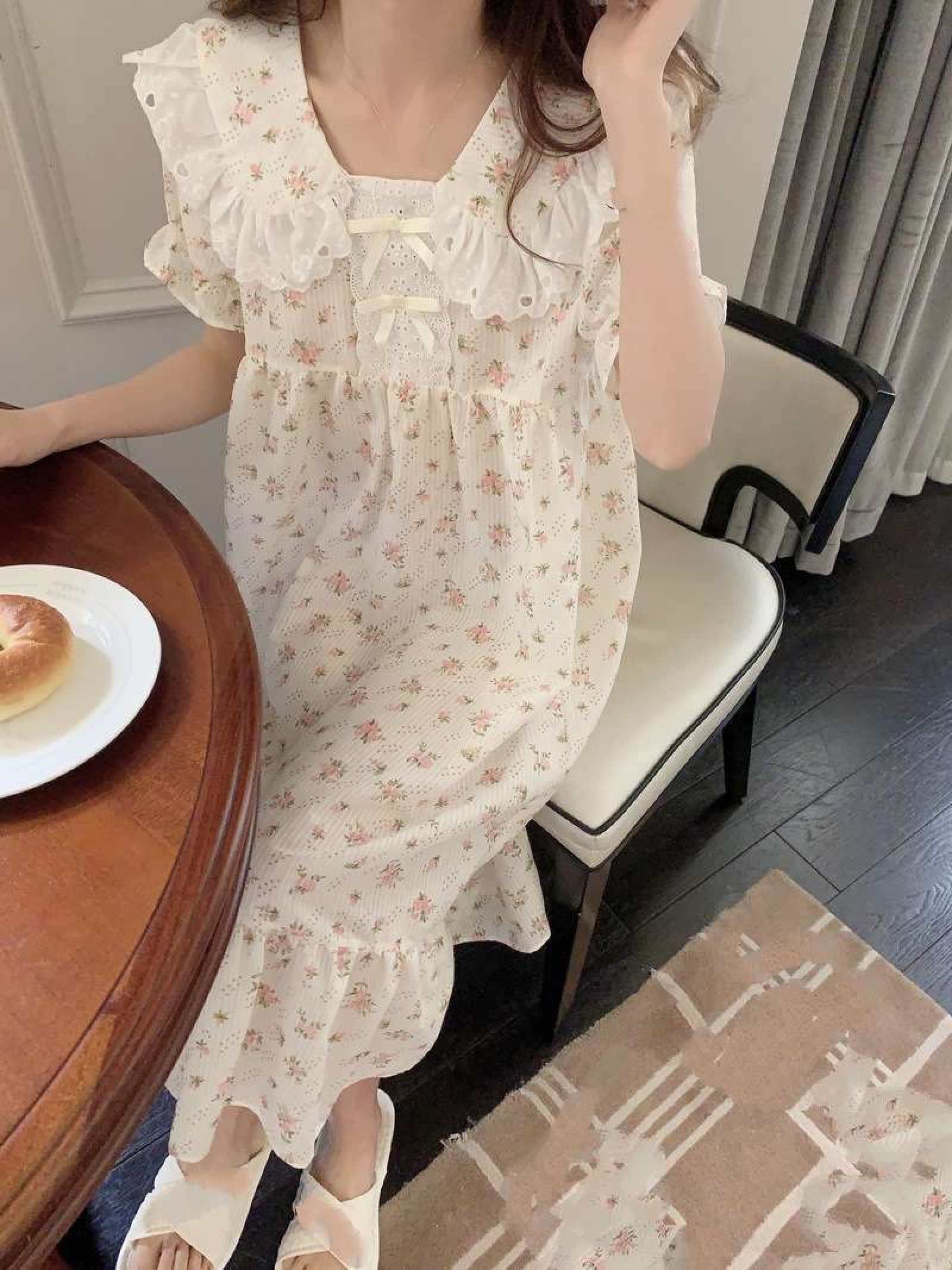 Kleines, Frisches Nachthemd-Pyjama Für Damen – Sommer, Süßer Blumendruck, Dünnes Maix-Kleid, Mädchen-Nachtwäsche, Homewear-Set Im Prinzessinnen-Stil, Modisches Kurzarm-Rüschen-Design, Langer