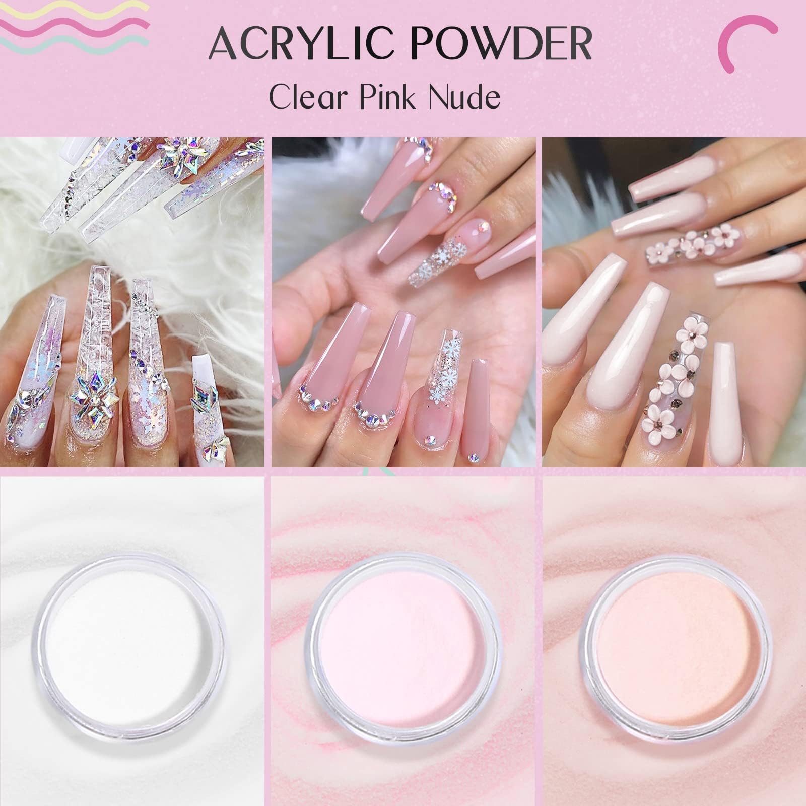 Saviland Acrylic Nail Kit - Pudry I Płyny Akrylowe, 3 Kolory Zestaw Przezroczystych Pudrów Akrylowych w Kolorze Różowym Nude do PrzedłUżania Paznokci Akrylowych