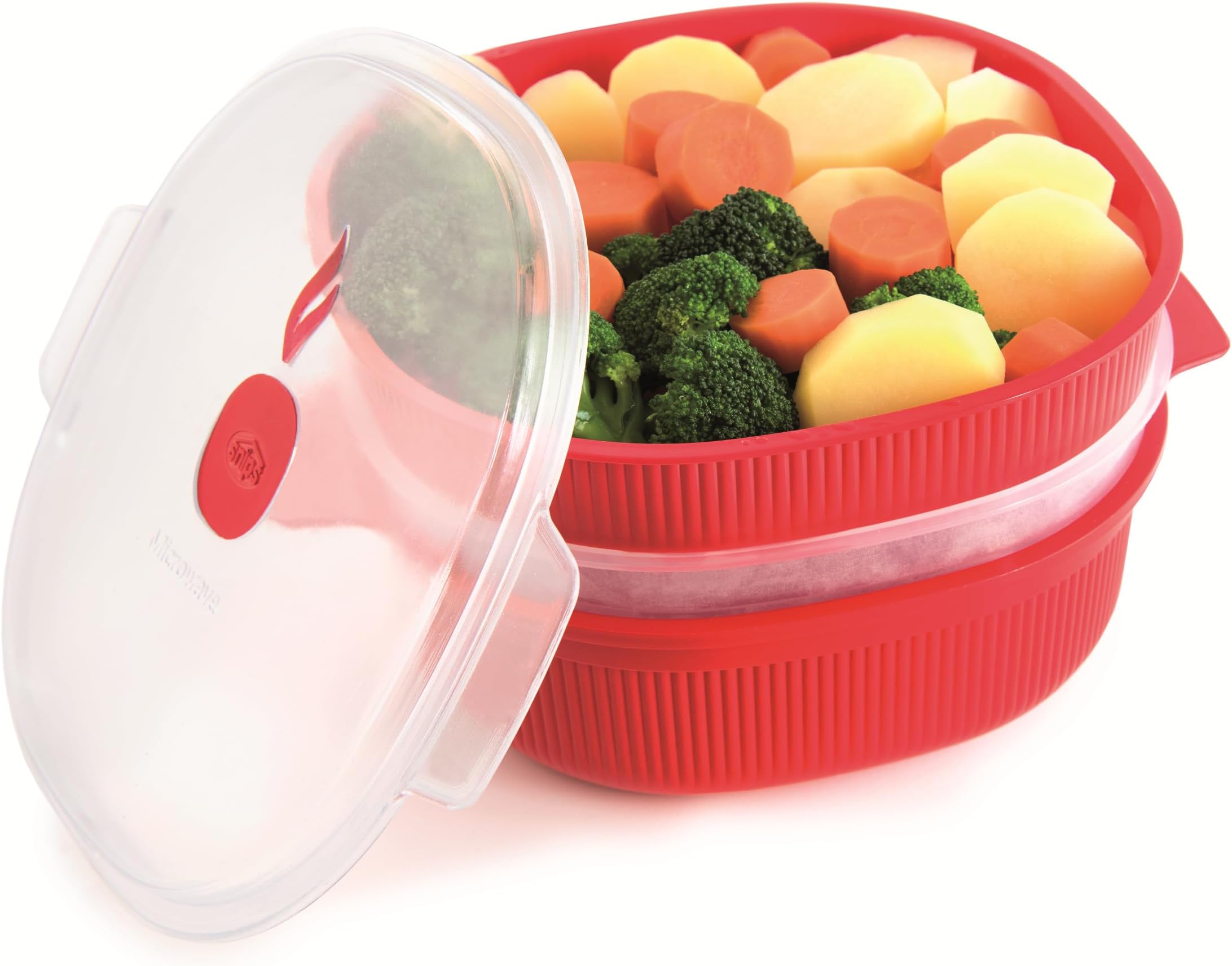 Snips, Microwave Steam Cooker 4 liters, Steam Cooker with 2 Trays, Microwave Container Red 26.5 x 22 x 13.5 cm, Quick Steam Cooking, BPA-Free, Made in Italy.