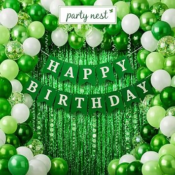 Party Nest Happy Birthday Banner Balloon Garland Kit, Green and White, Latex and Foil, Party Theme