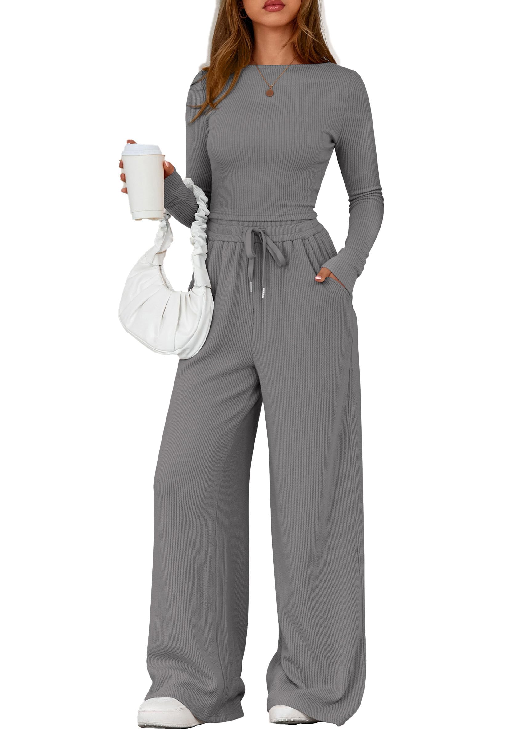 PRETTYGARDEN Matching Sets Women Clothing 2026 Fall Fashion Travel 2 Piece Lounge Sets Long Sleeve Crop Top Wide Leg Pants