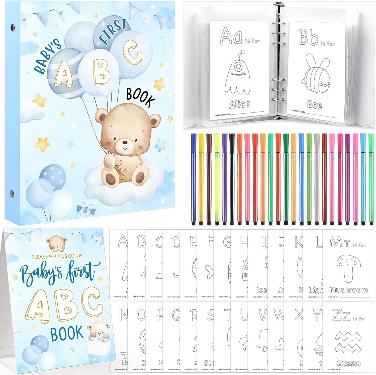 GJGKOP Baby Shower Games Baby's First ABC Coloring Book 26 Curious Activity Cards Animal Alphabet A to Z Coloring Card with 24 Watercolor Pen for Baby Shower Activities (Blue Bear)