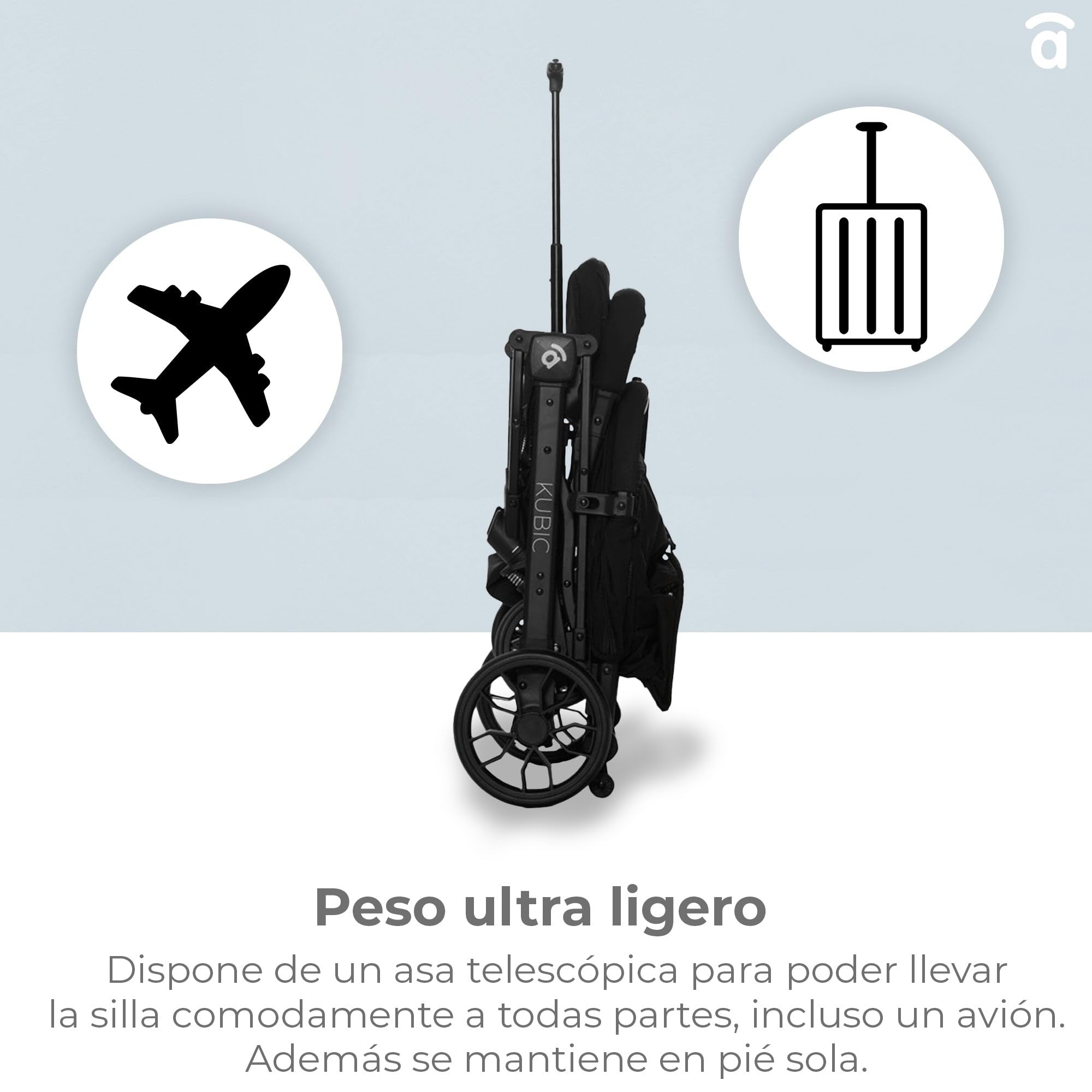 Asalvo KUBIC 2 Silla de paseo, Carrito Bebé, Ligera, Compacta, Plegado con una Mano, Ruedas Grandes, Amortiguación, Reclinable, Apta Cabina, SPF50+, Asa Trolley, Carga máxima 23 kg, Negro