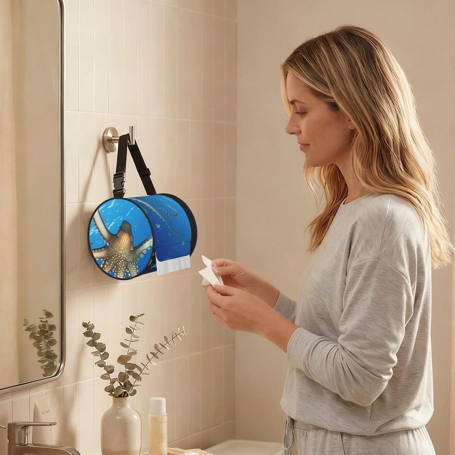 Marine Biology Hanging Toilet Paper Holder Waterproof Tissue Holder Cat Proof Roll Paper Case Cover Portable Foldable Roll Storage Bag with Adjustable Strap for Travel Car Camping Outdoor image 5