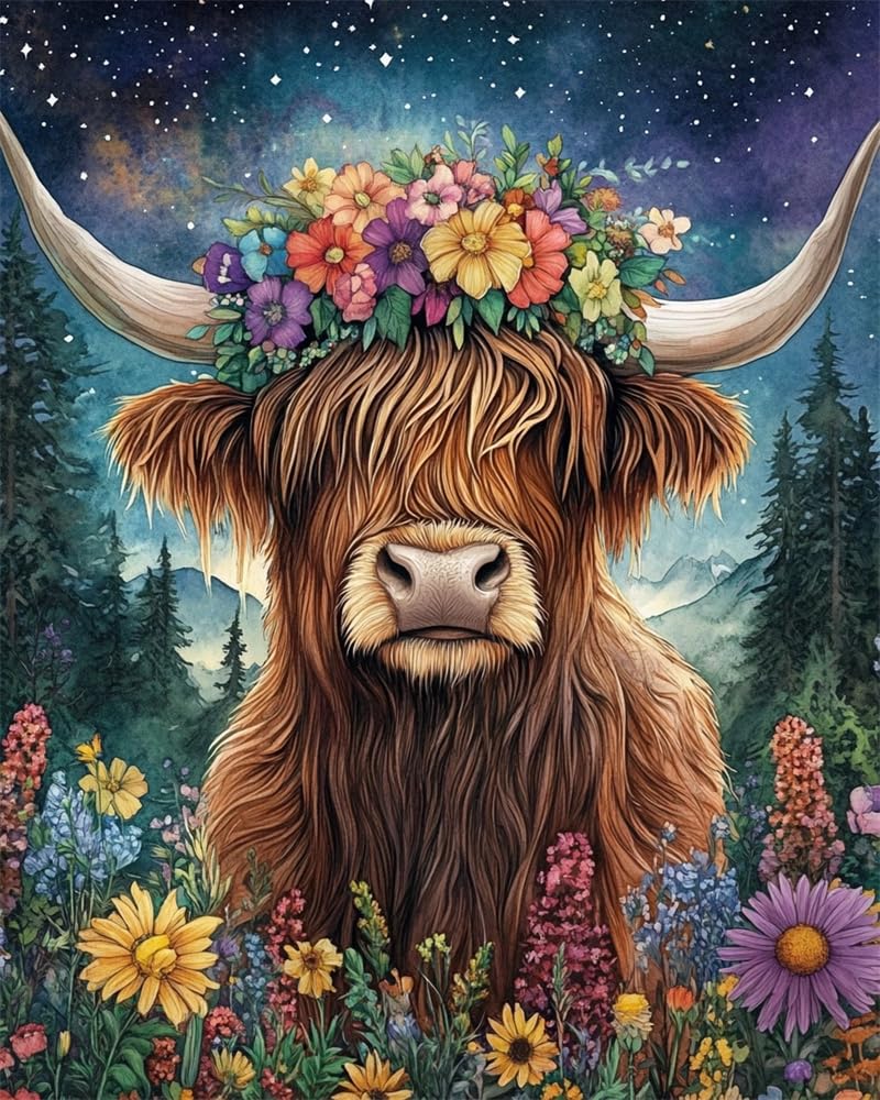 Henypt DIY Cross Stitch Kits for Beginners,Highland Cattle Wearing A Floral-Wreath Hat 11Ct Counted Needlework Kits for Adults,Stamped Cross Stitch Kit with Printed,Hand Embroidery Kits for Home Wa