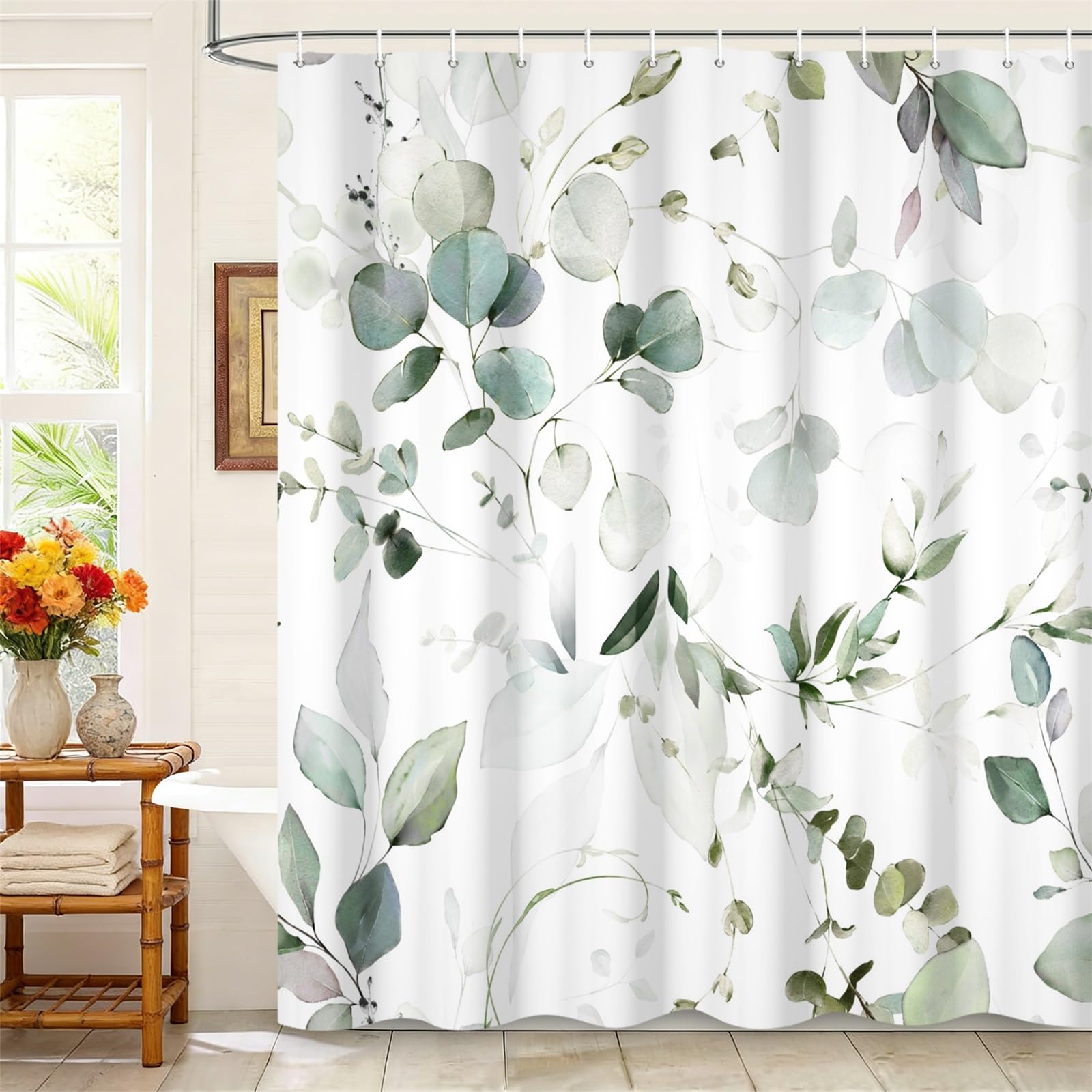 Kzzfqxb 183x213cm Leaves Shower Curtains with Hooks, White Background Greenleaves Plants Tree Branches Twigs Occluded Waterproof for Bath, Polyester Fabric Bathroom Bathtub Natural Fresh Decor — image 1