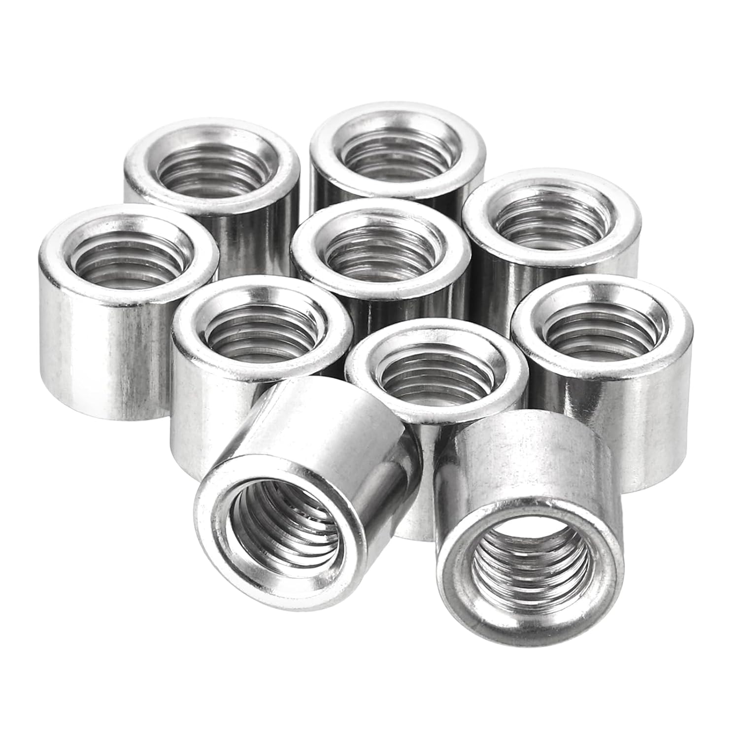 10Pcs Round Weld Nuts, M8x12x10mm Long Weld on Bung Female Nut Threaded - 304 Stainless Steel Round Connector Nuts Sleeve Rod Bar Stud, Silver