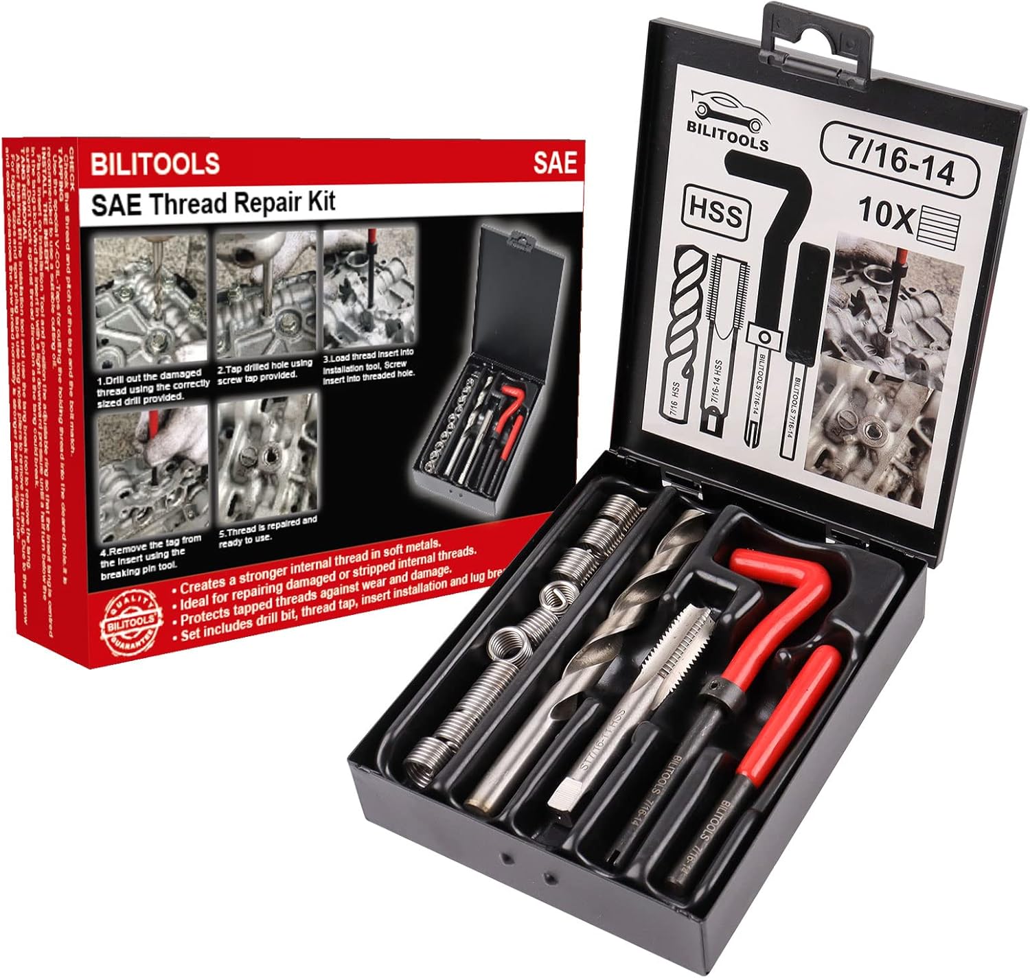 BILITOOLS 7/16-14 inch Thread Repair Kit, HSS Drill Helicoil Repair Kit SAE SAE 7/16-14 Inch