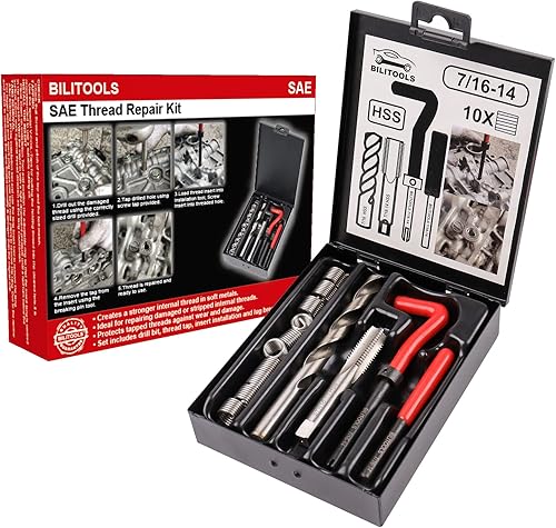 BILITOOLS Kit de reparación de roscas de 716-14 pulgadas, kit de reparación de helicoidales de taladro HSS SAE