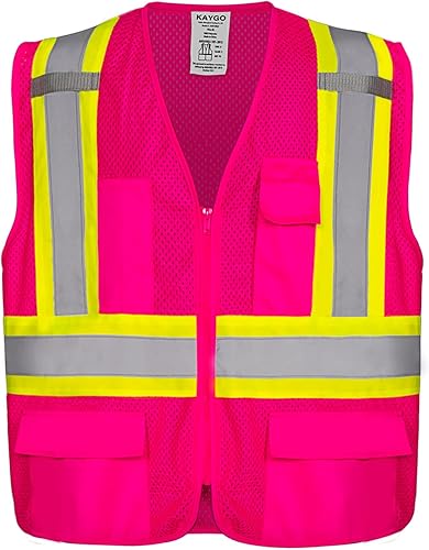 KAYGO Chalecos de seguridad de alta visibilidad KG0100, Chalecos de seguridad reflectantes con bolsillos y cremallera,ANSI Tipo R Class2 Not FR