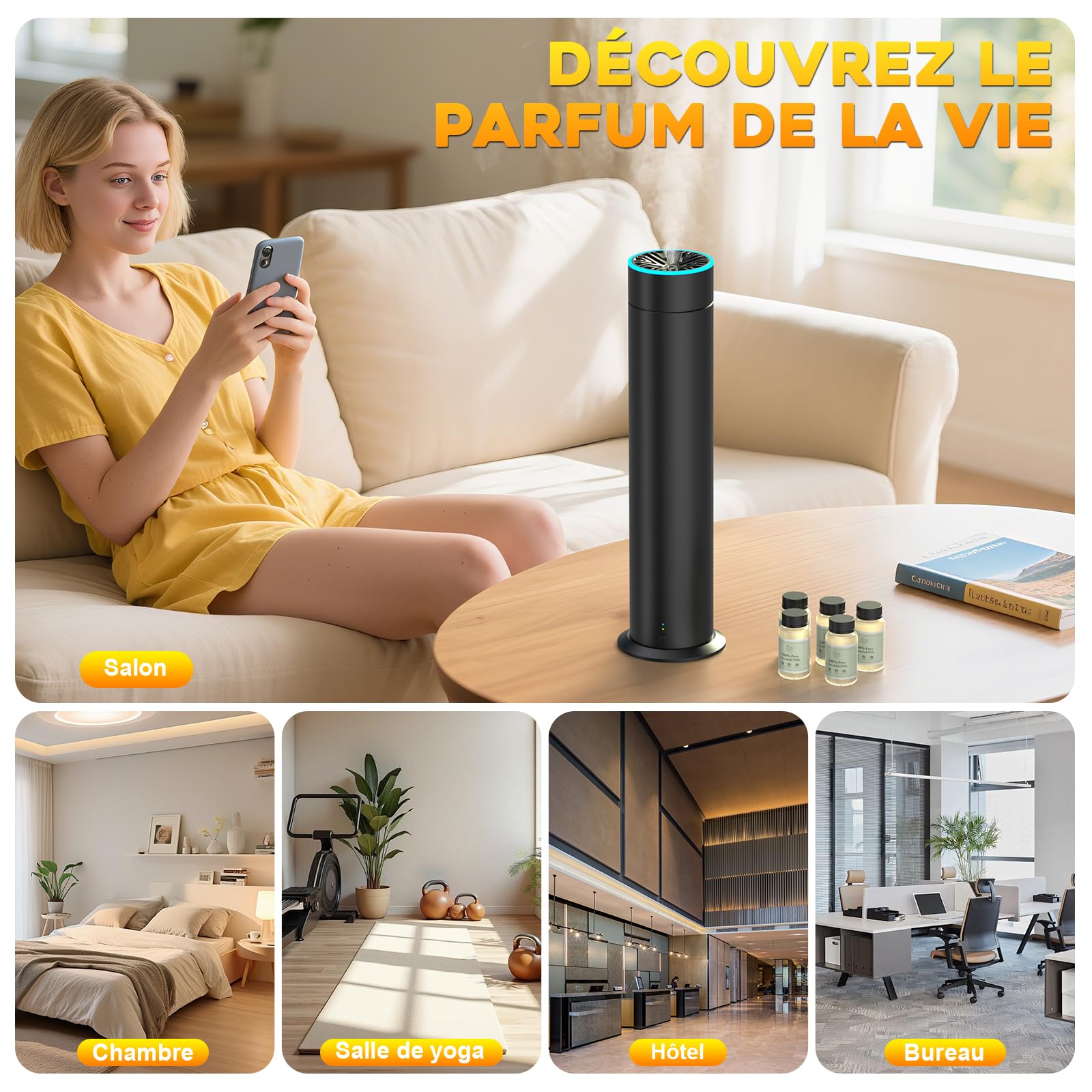 Difusor de Aceites Esenciales Sin Agua, Difusor de Aceites Esenciales 150ml Cubre 1200ft², Cuadrados Con Control Remoto y APP Inteligente Adecuado para el Hogar, Dormitorio, Oficina, Spa, Hotel