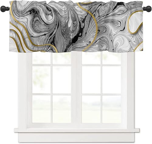 Miniatura 1 de Cenefas de cortinas de mármol, mármol blanco y negro, línea dorada, arte abstracto y moderno, bolsillo para barra, cenefa de cafetería, cortinas