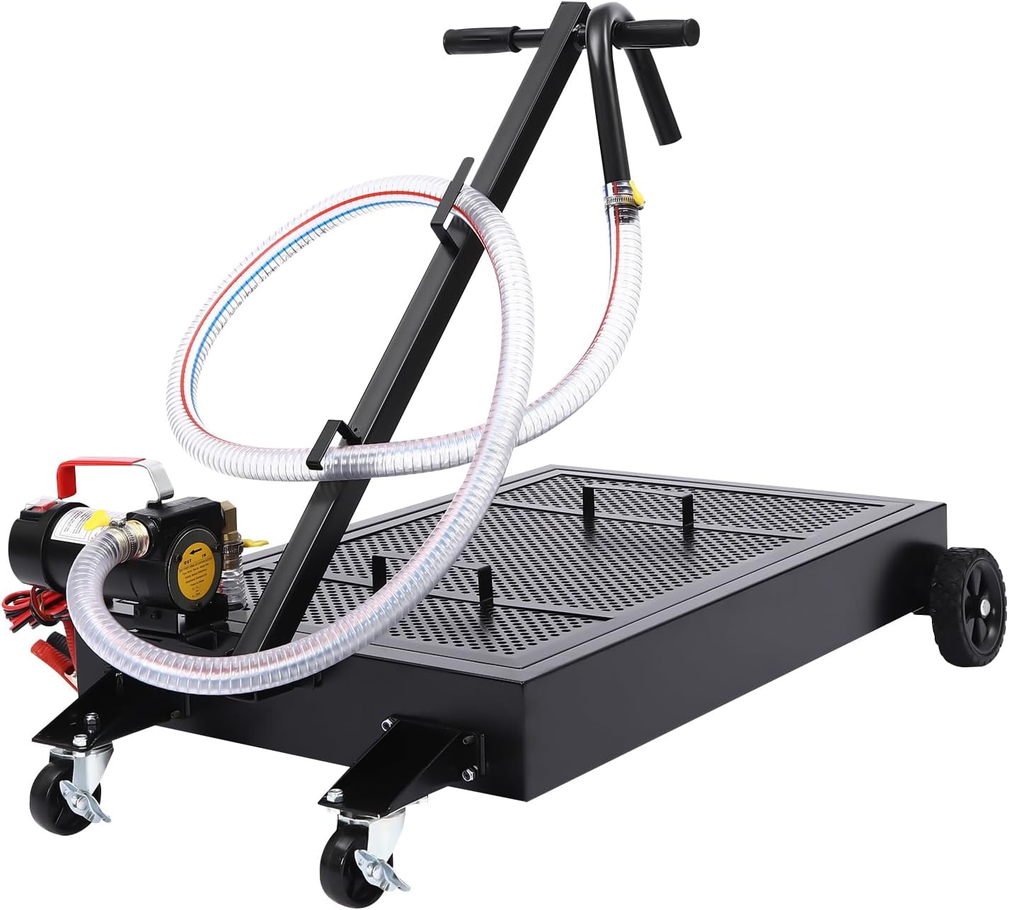 15 Gallon Oil Drain Pan with Electric Pump & 8.2 Ft Hose, Foldable T-Handle & Low Profile Oil Drain Cart for Truck Cars SUVs, Steel, Black (15 Gal-Electric-Black)