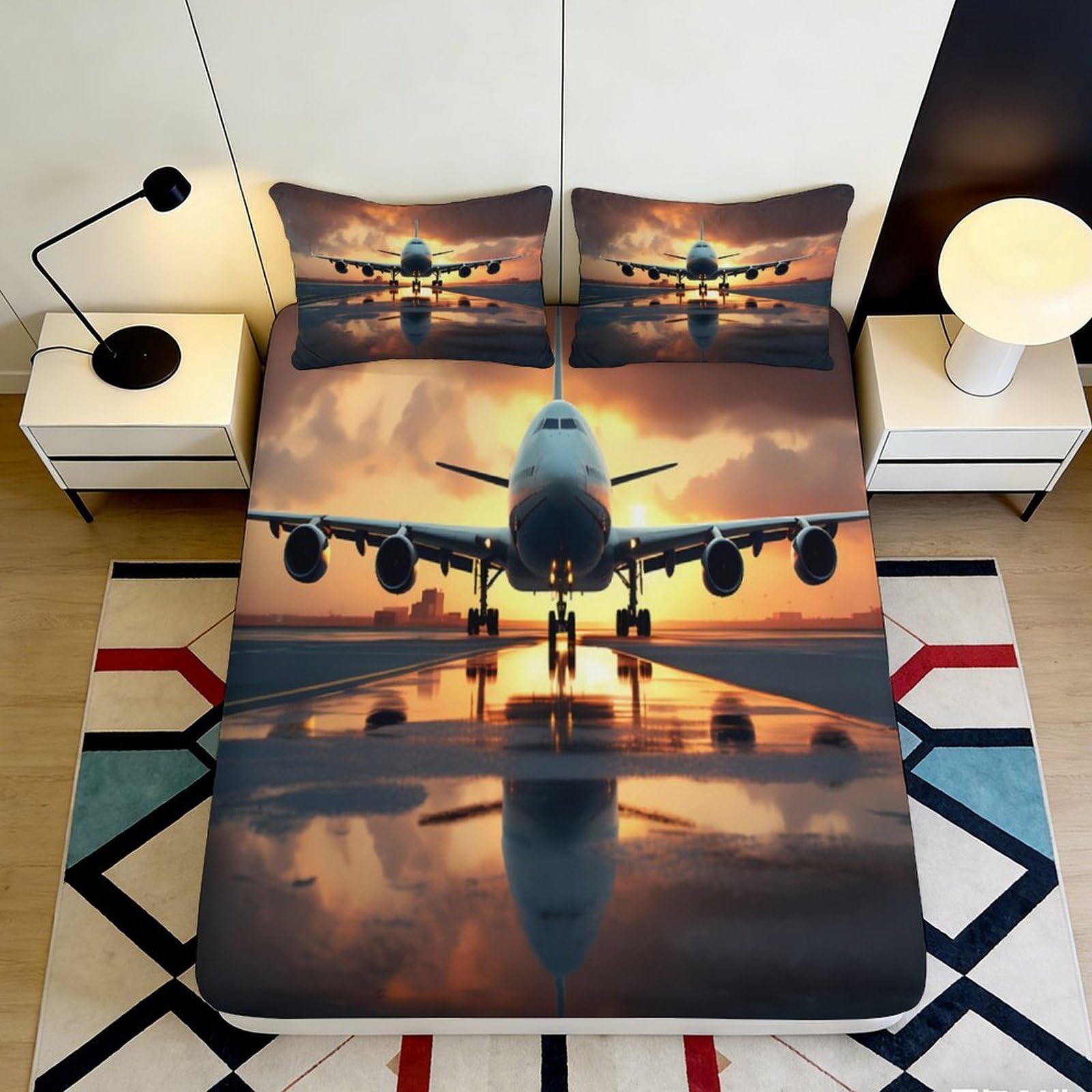 3D Printed Sunset Airplane Fitted Sheet Microfiber Soft Anti-Slip Bedroom Decor Sunrise Plane Mattress Cover Washable 90x200x25cm