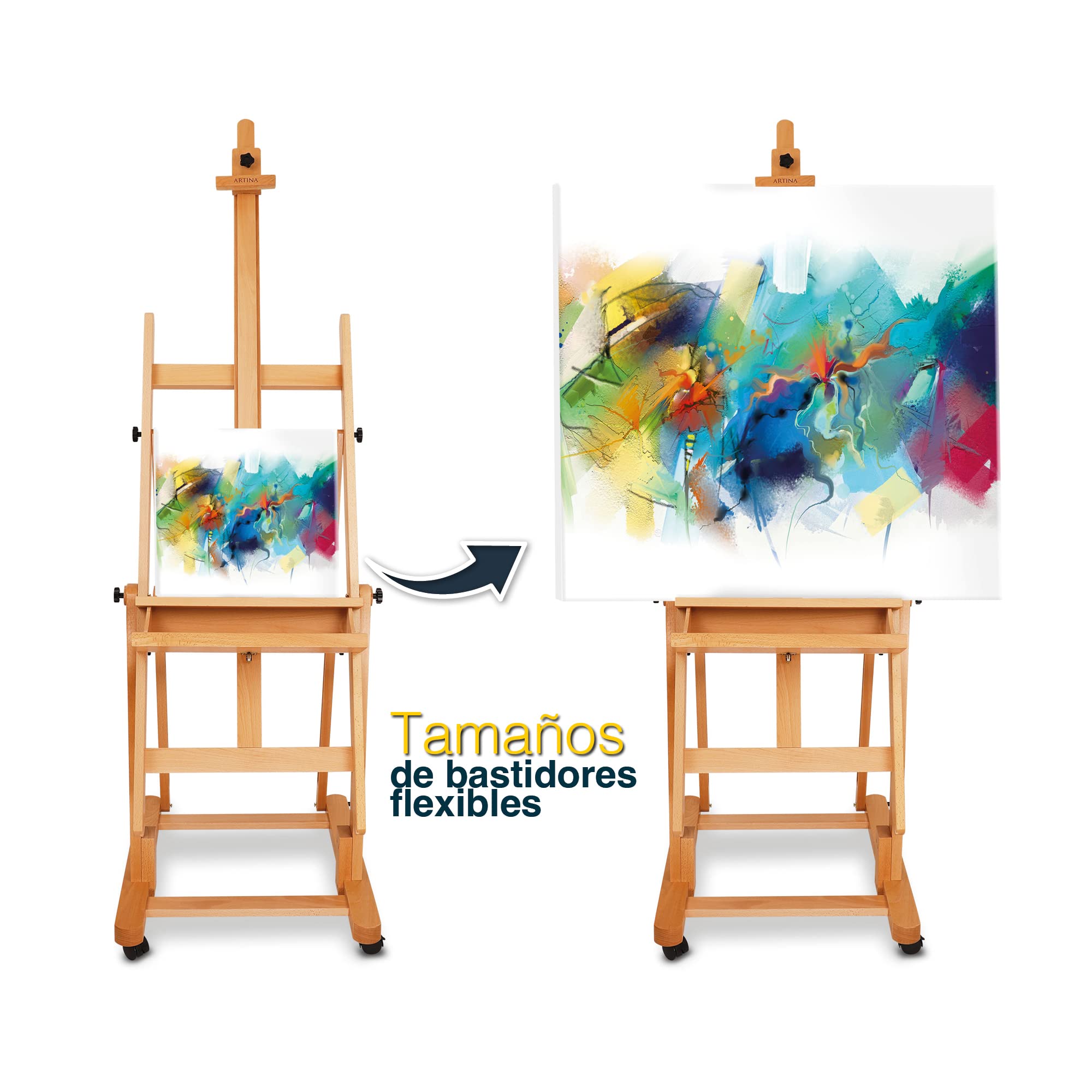 Artina caballete de pintura profesional de estudio con ruedas para lienzos | madera de haya maciza para hasta 210cm de horizontal plegable bastidor Verona
