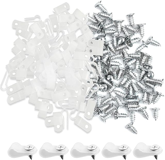 100 Pcs Nylon P Cable Clamp R-Type Screw Cable Clips White Mounting Cable Wire Cord Management Plastic P Clips Fasteners Organizers Fixer for Conduit Cable Tubing & Sleeving, 6.4 mm/0.25 inch