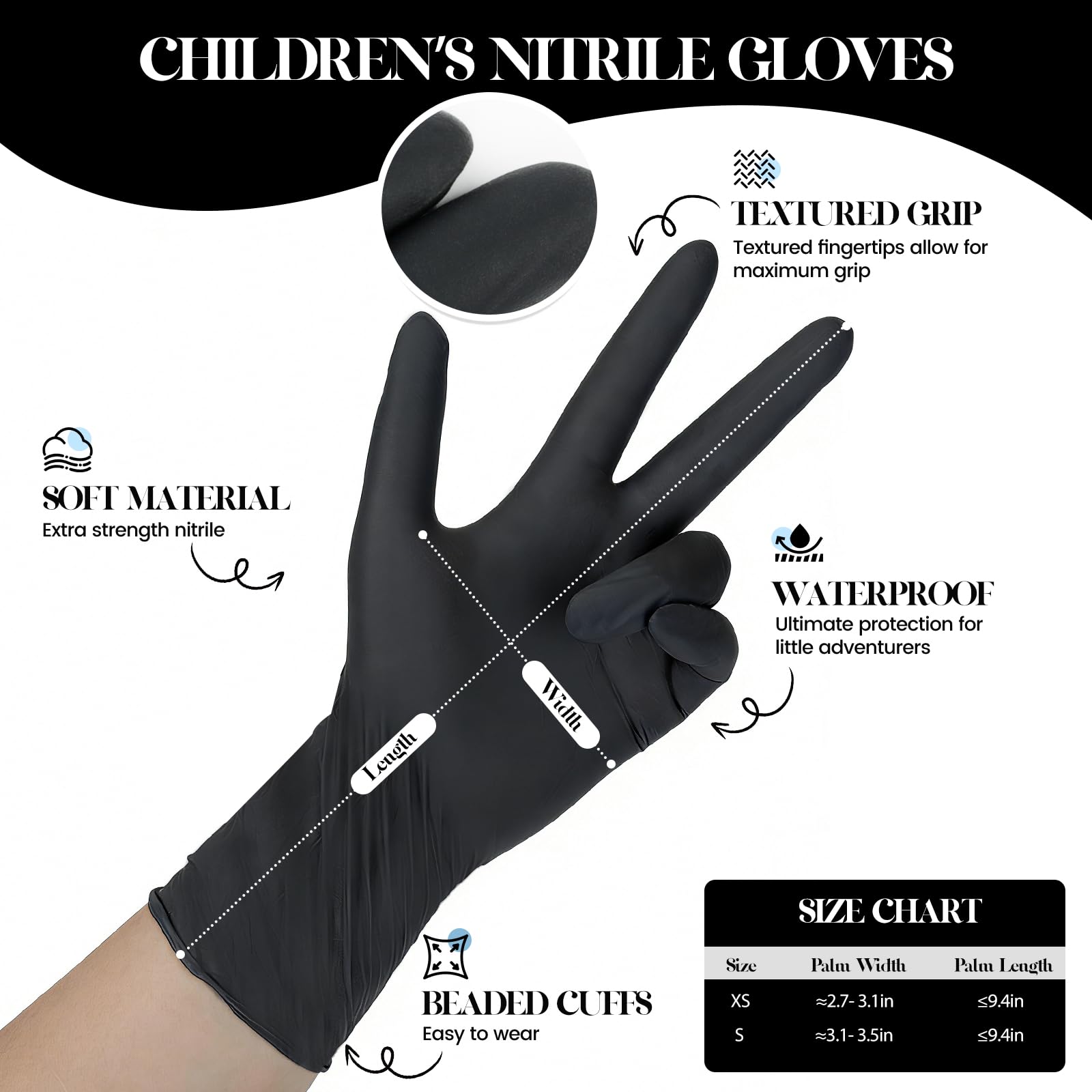 Guanti in nitrile per bambini dai 6 ai 10 anni, guanti monouso neri da 5 mila per lavoro, pulizia, cucina, giardinaggio, vernice, senza lattice e senza polvere (S,50 pezzi)