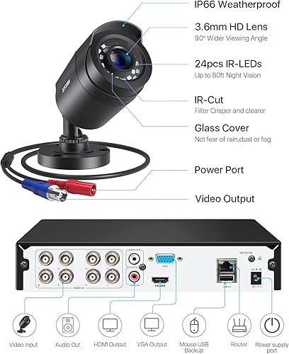Miniatura 8 de ZOSI H2651080p - Sistema de cámara de seguridad para el hogar 8 canales 5MP Lite DVR de vigilancia con disco duro de 1TB y 4 x 1080p resistente a la