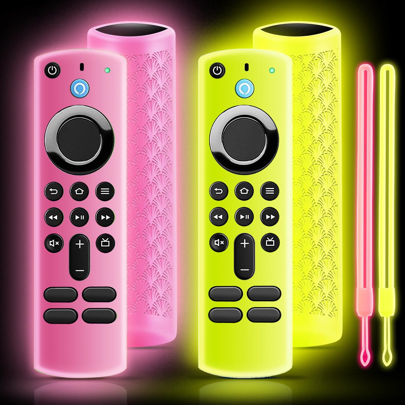 ONEBOM (2 Pack) Silicone TV Remote Cover,Anti Slip Silicone Protective Case with Same Color Lanyard（Glow Pink&amp;Glow Yellow）