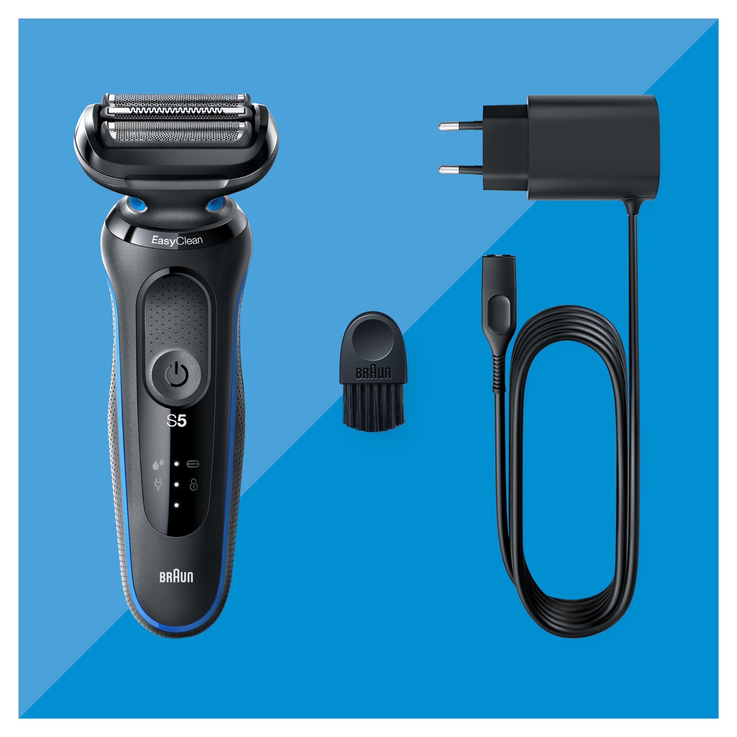 Braun Rasoir Electrique Homme Series 5 51-B1000s, Bleu, Etanche, A Grille Et Sans Fil, 3 Lames Flexibles Pour Bien Raser La Barbe Et Le Visage, Coffret De Rasage Avec Chargeur Intelligent
