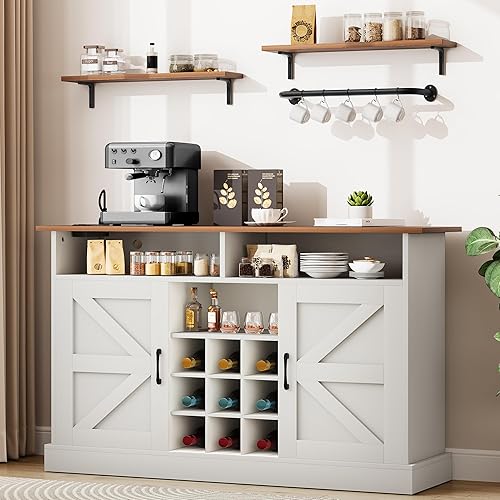 YITAHOME Farmhouse Buffet Cabinet with Storage, 52" Sideboard with 2 Floating Shelves, Power Outlet, Adjustable Storage Shelves, Coffee Bar Wine Cabinet for Kitchen, Dining Room, White