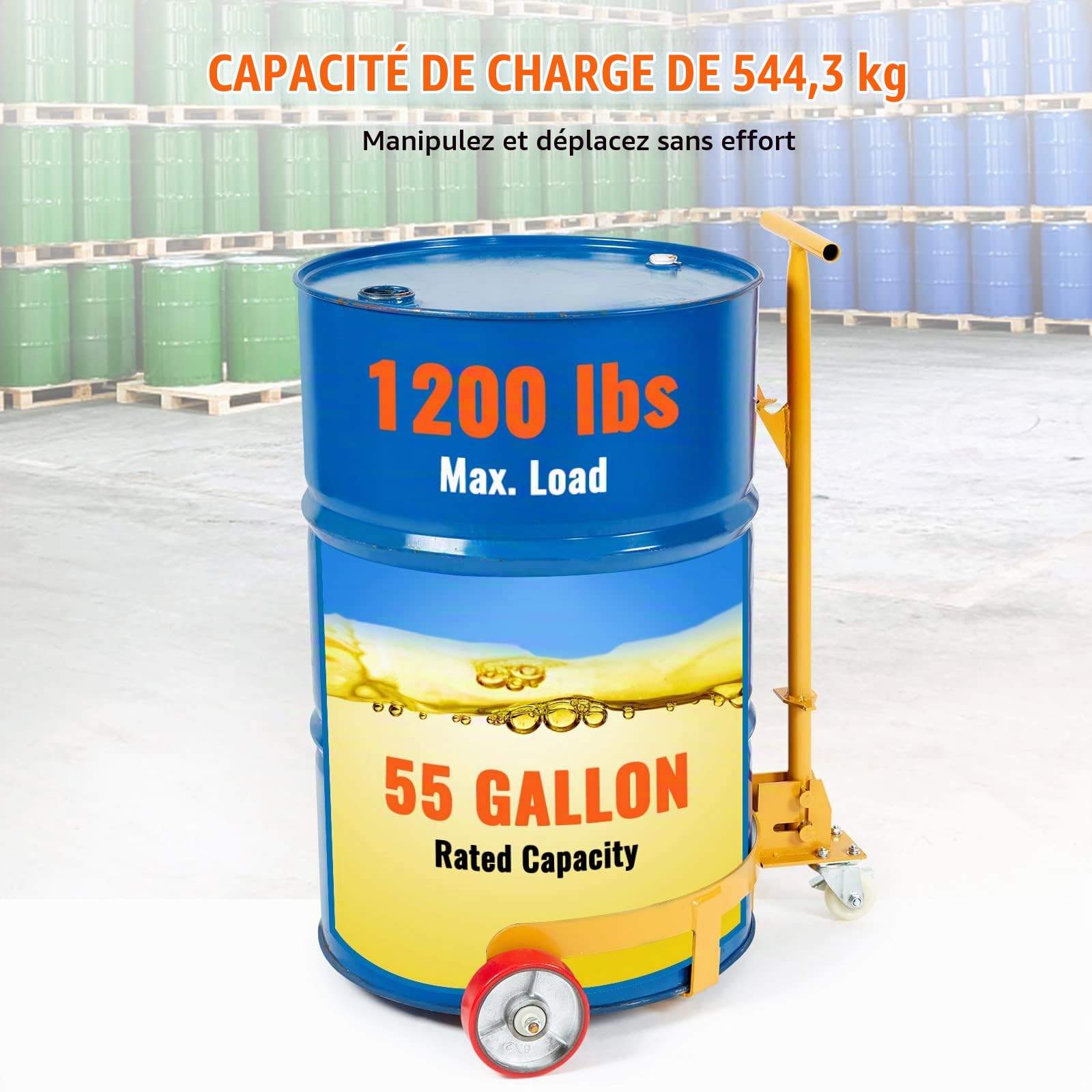 VEVOR Porte-Fût 250 L Chariot à Baril Capacité de Charge 544 kg Plateau Roulant 3 Roulettes Cadre Acier Poignée Ajustable Socle Rouleur Outil pour Manutention Fûts Tambours Bidons Huile Entrepôt Usine