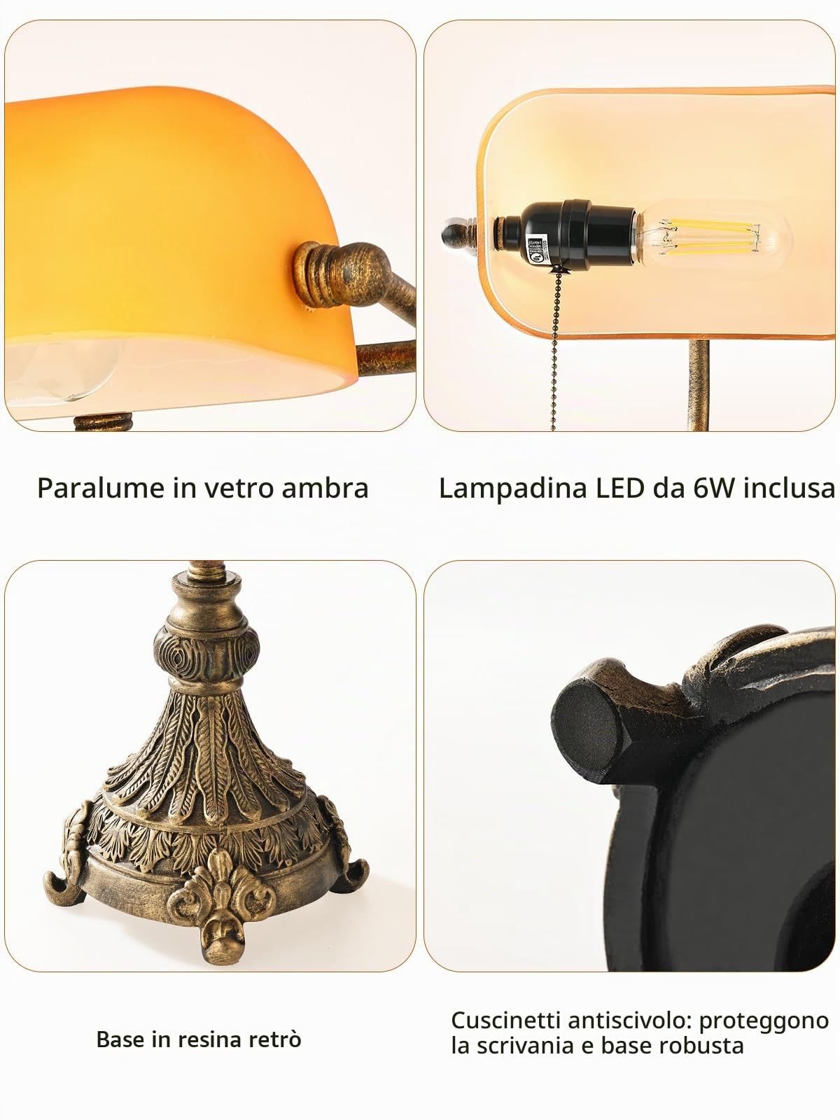 Lampada da scrivania vintage da banchiere in vetro ambra | Libreria per l'home office con dispositivo di inserimento dell'interruttore a catena, lampadina LED inclusa