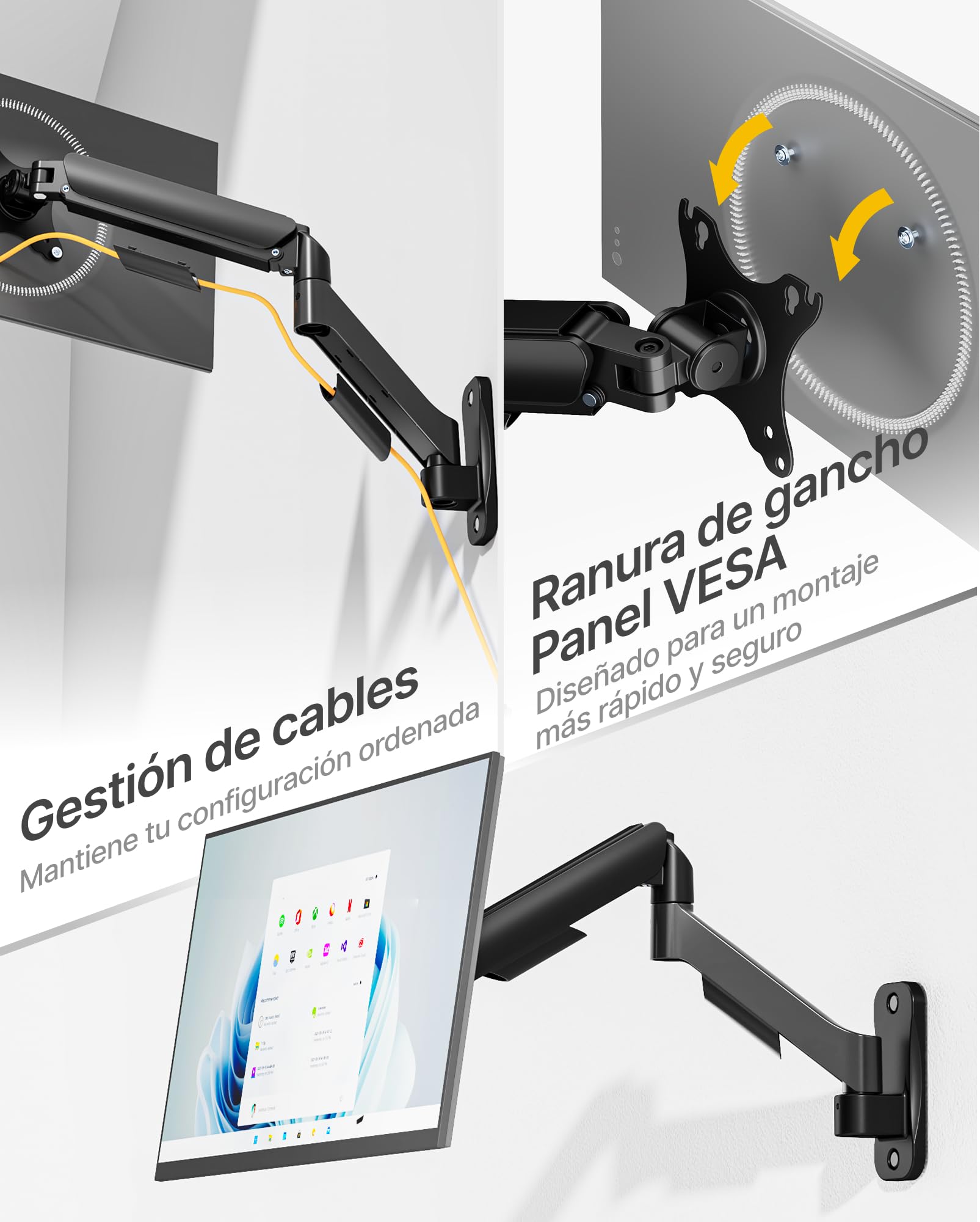 monTEK Soporte de pared para monitor individual para pantallas planas/curvadas de 17 a 32 pulgadas, soporta hasta 20 libras, brazo de monitor mecánico ajustable de movimiento completo, soporte de
