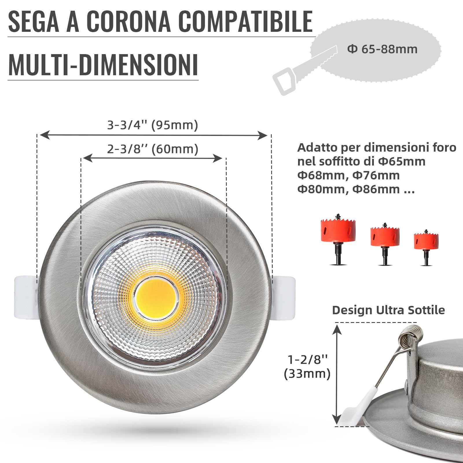 6x 10W Faretti LED da Incasso per Cartongesso Dimmerabili,850LM Foro 65-85mm Luce Calda 3000K per Cucina,Interno,Faretti Led Soffitto COB 220V Equivalenti a 100W