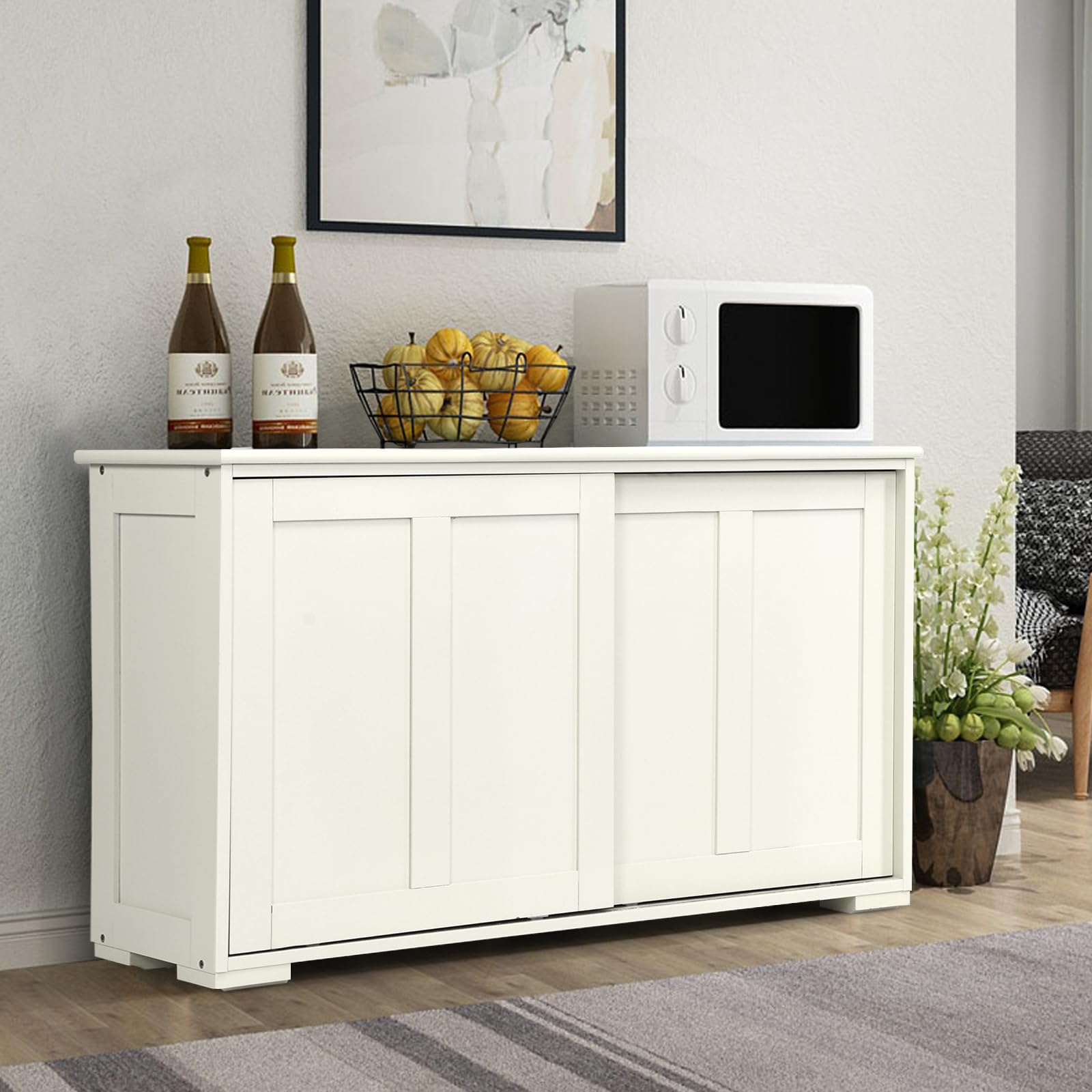WooBuffet Schrank Sideboard mit Ablage und Schiebetüren, für Esszimmer, Wohnzimmer und Flur, Weiß