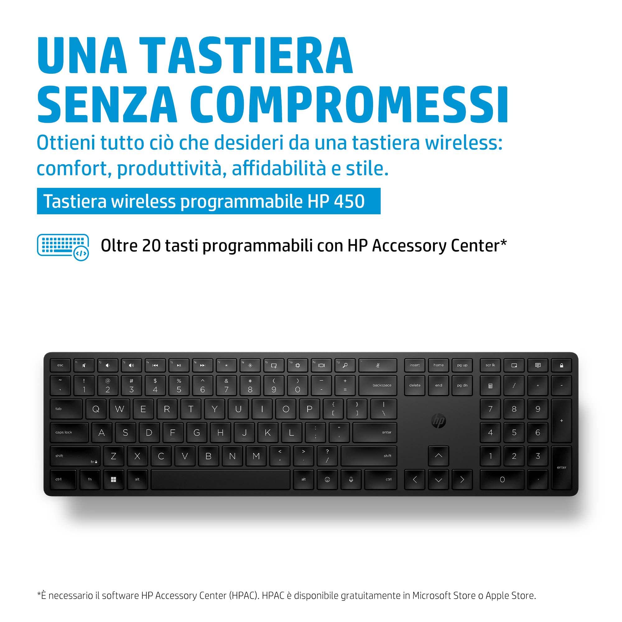 HP 450 Tastiera Wireless, Connessione con Dongle USB-A a 2,4 GHz, 20 Tasti Personalizzabili, Autonomia fino a 20 Mesi, Qwerty, Layout Italiano, Compatibile con Windows 10, 11 e macOS, Nera