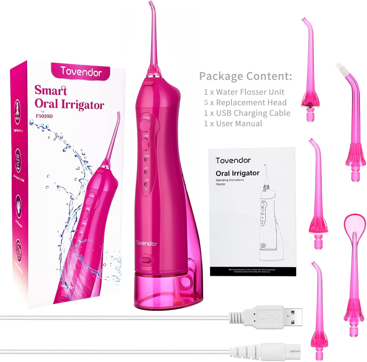 TOVENDOR Electric Water Dental Flosser Teeth Pick, Cordless Flossers Oral Irrigator IPX7 Waterproof 300ML Rechargeable Travel Water Teeth Cleaner with 5 Tips for Home Braces Care Gums Deep Cleaning - Image 8