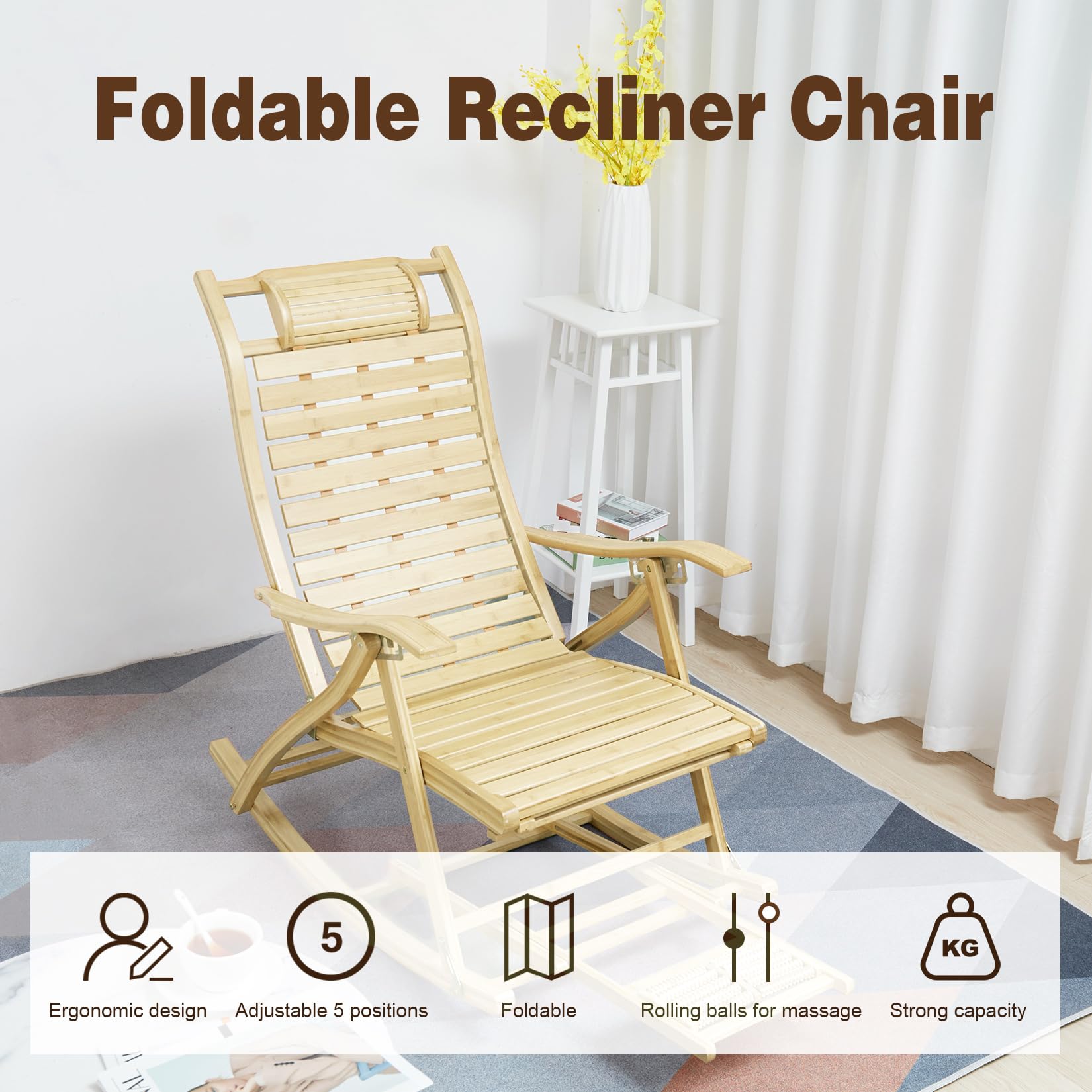 Opvouwbaar Buiten Schommelstoelen, Draagbare Bamboe Schommelstoel Met Telescopisch Voetmassage, 5 Versnellingen Verstelbaar Relaxfauteuil for Tuin Achtertuin Balkon,Ondersteuning 150KG (Color : D Opvouwbaar Buiten Schommelstoelen, Draagbare Bamboe Schommelstoel Met Telescopisch Voetmassage, 5 Versnellingen Verstelbaar Relaxfauteuil for Tuin Achtertuin Balkon,Ondersteuning 150KG (Color : D