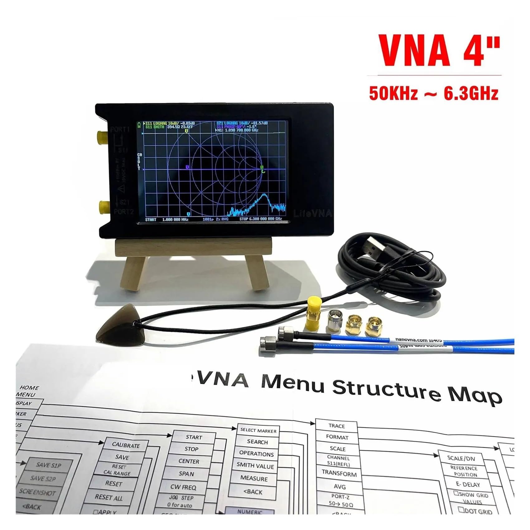 Analizator sieci Analizator sieci wektorowych 50 kHz–6,3 GHz, 4-calowy ekran dotykowy, tester anten HF UHF, pomiar RF, seria NanoVNA do diagnostyki kabli sieciowych