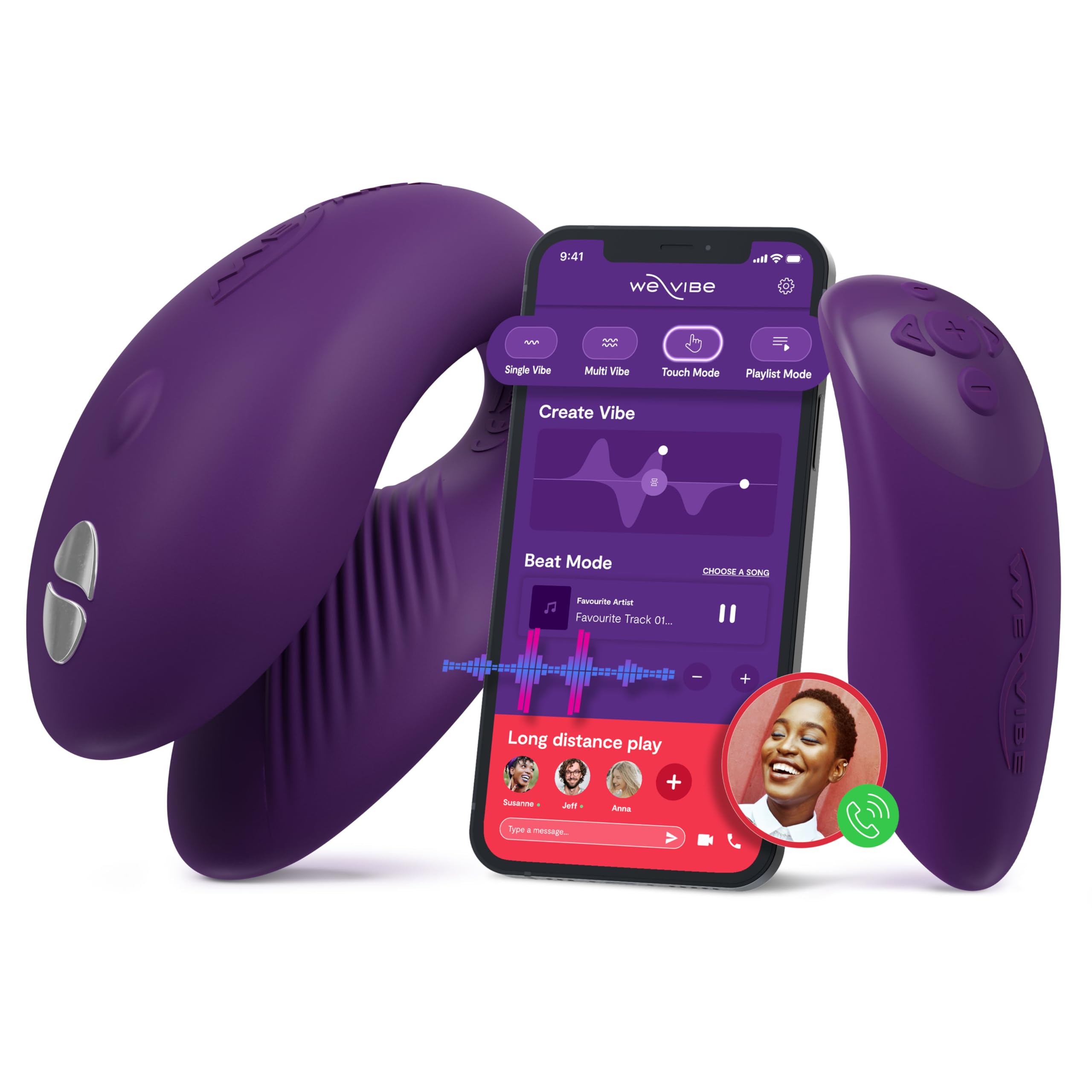 WE-VIBE Chorus Couples Vibrator in Dark Purple with remote control and app icons
