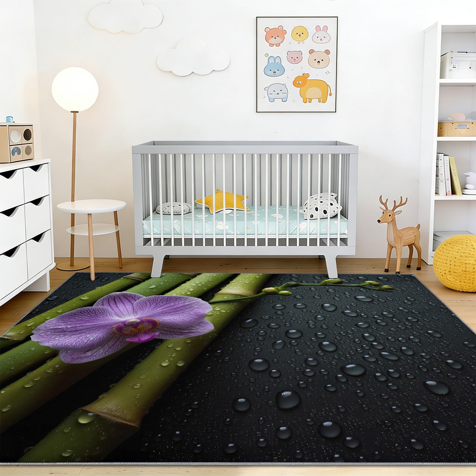 Tapis de Salon Lavable 160 x 230 cm à Poil Ras Motif Violet et Bambou