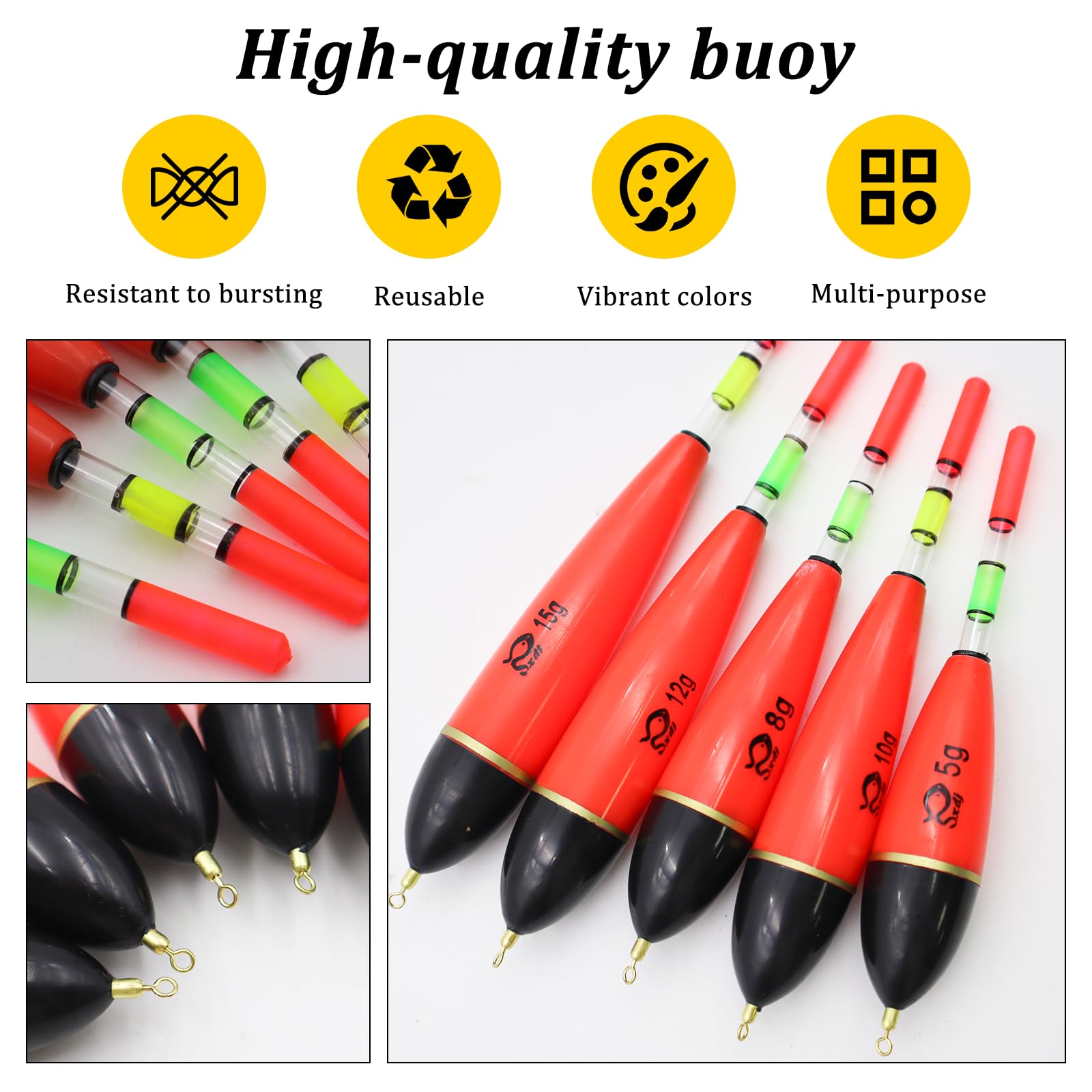 OMJMYY 5 Unidades de flotadores de Pesca Luminosos 5 g/8 g/10 g/12 g/15 g portátil Pesca flotadores Accesorios de Pesca Set de Espuma EVA para Lucio Perca Carpa Diferentes Especies de Peces Grandes