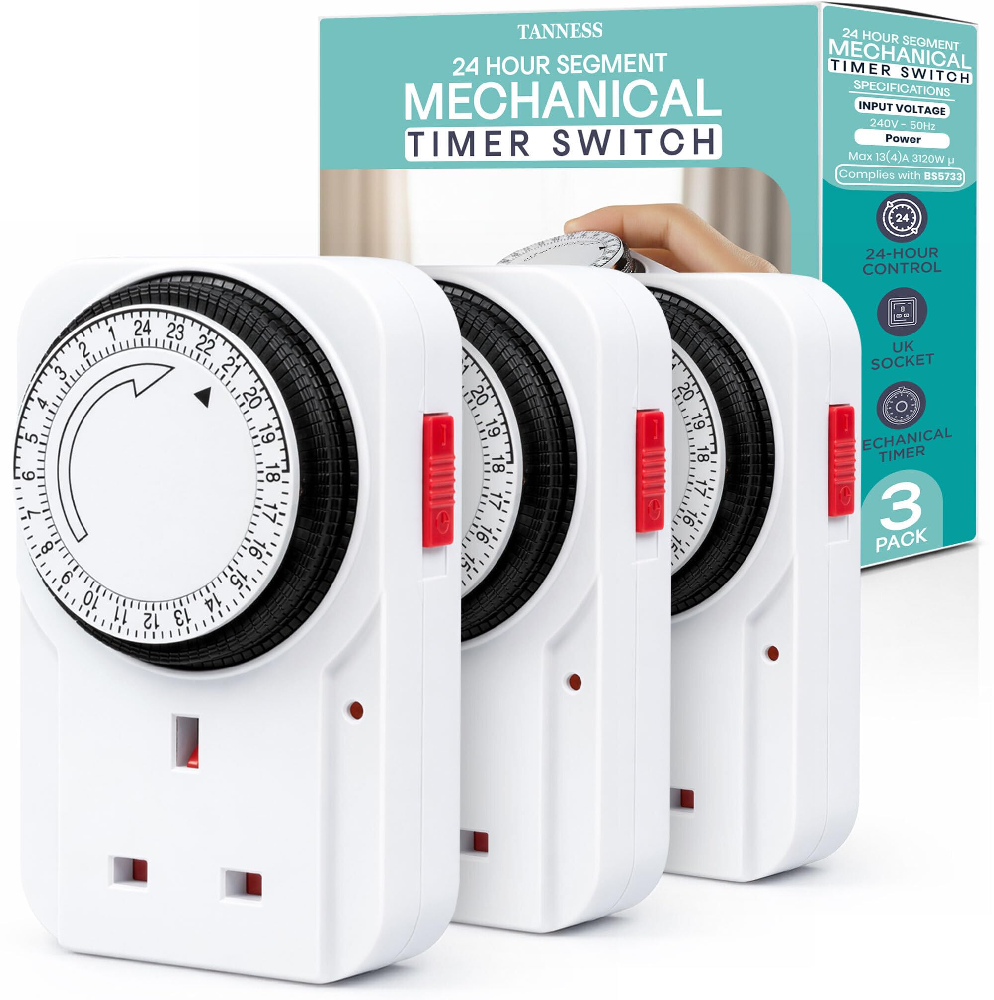 Tanness - 3 Pack Plug-In Timer Switch, 24 Hour Segment Timer Plug Socket UK w/Automatic On/Off for Home Security, Energy Saving, Countdown Control - For Lamps, Heaters & Appliances Up to 3120