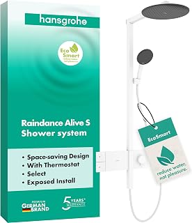 hansgrohe Raindance Alive S - wassersparendes Duschsystem (EcoSmart) mit Thermostat, Regendusche (300 mm) mit Armatur, Handbrause, Schlauch, Brausestange und runder Kopfbrause, Mattweiß, 24583700