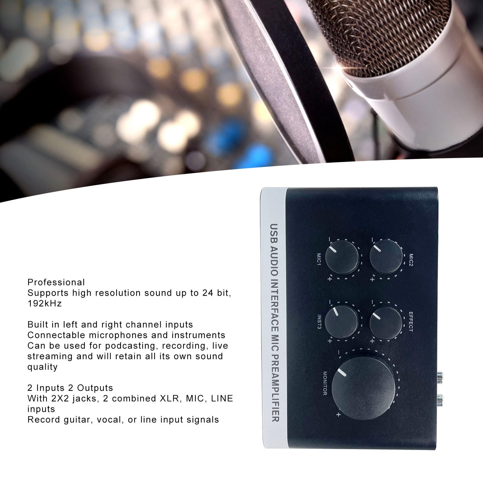 Interfaz de Audio USB con Preamplificador de Micrófono, Mezclador de Sonido Profesional 2 en 2 Salidas y Preamplificador de Micrófono con Alimentación Fantasma de 48 V para