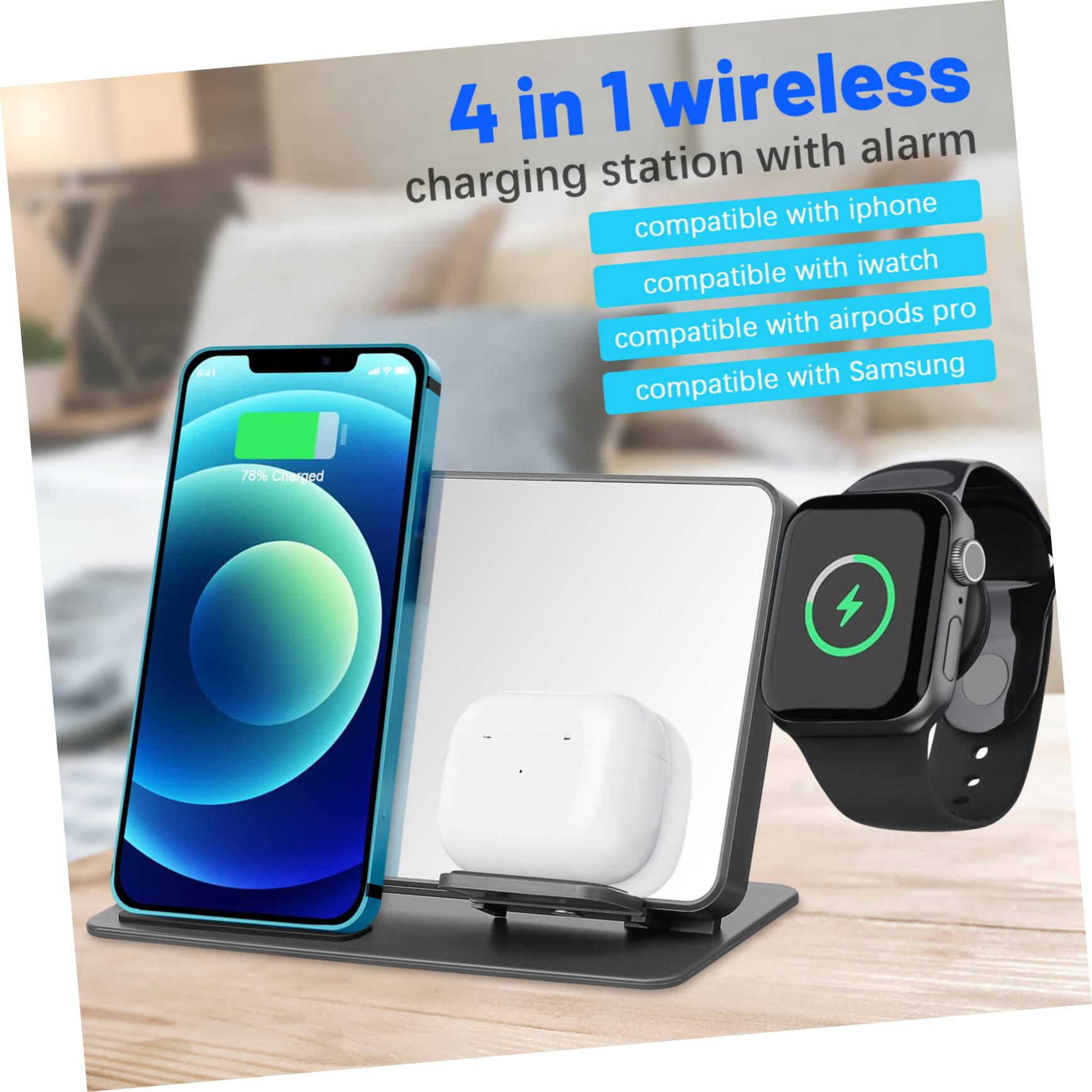 Station De Charge Rapide sans Fil avec Réveil Numérique LED Support Multifonction Compatible Montre Et Écouteurs