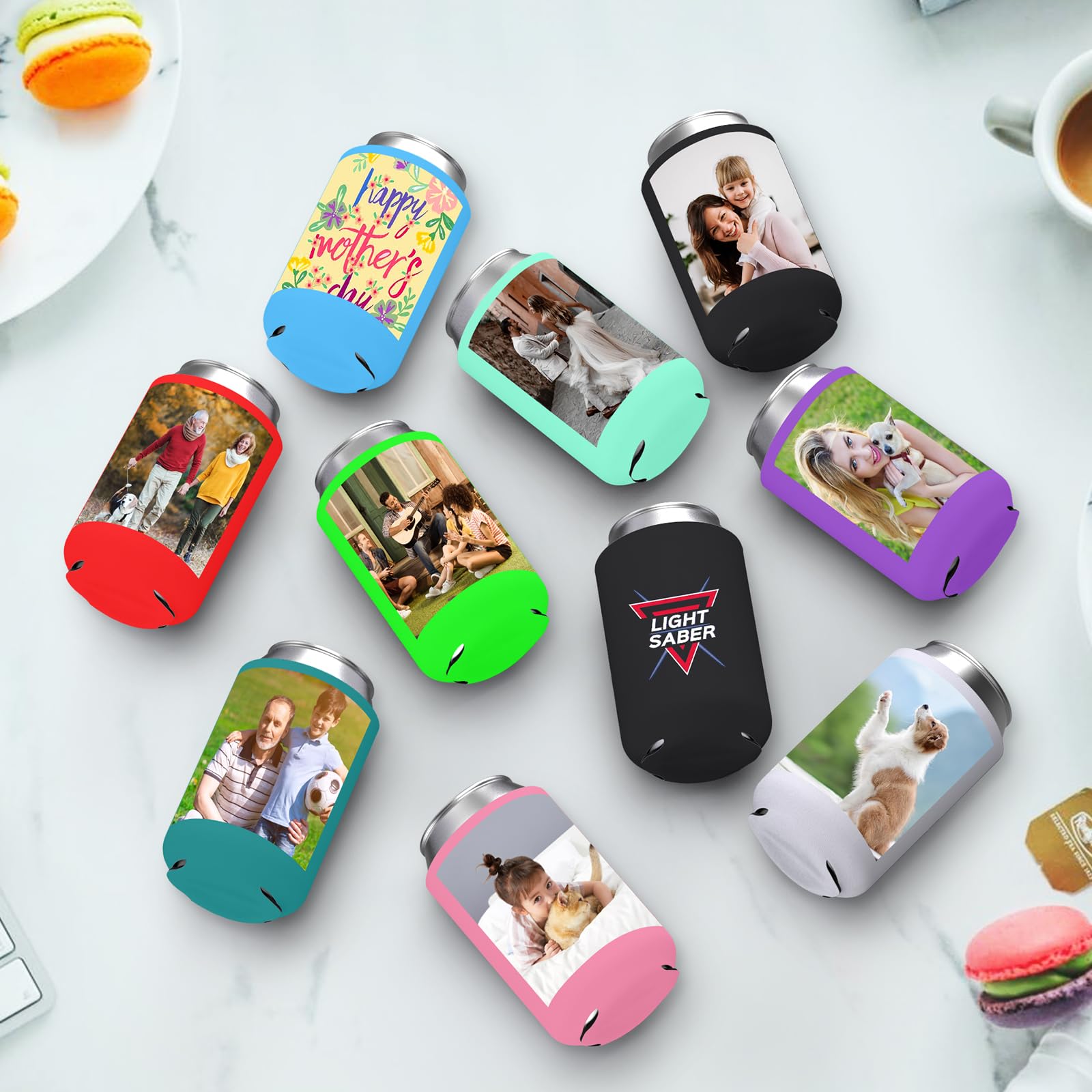 SPETYORT Custom Can Coolers Sleeves, Bulk Personalized Insulated Neoprene Can Drink Holder With Logo Image Text, Collapsible Can Sleeve Beer Coolers For Wedding Birthday Party