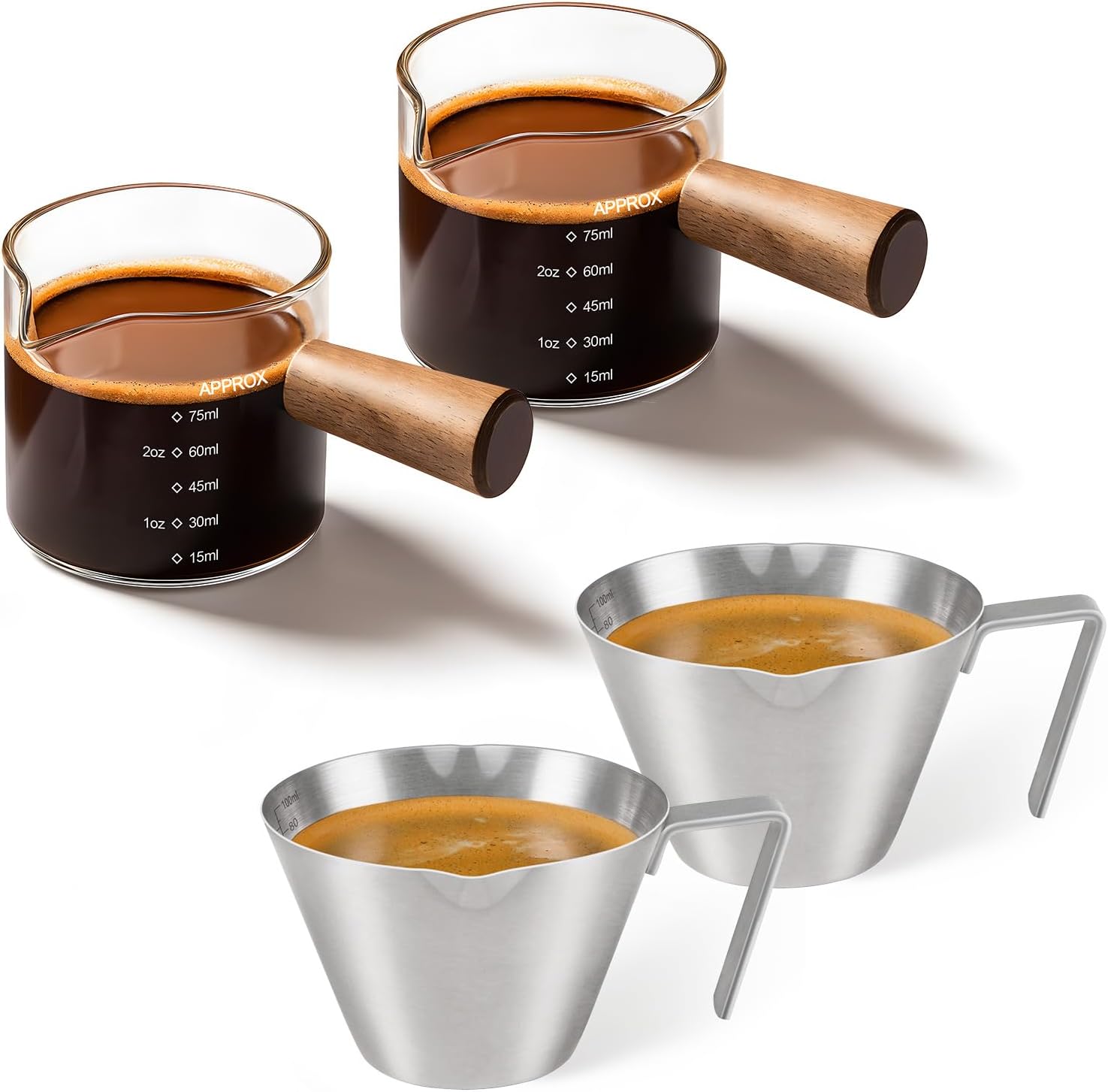 YARRAMATE 2 Pack 100ML Glass Measuring Cups & 100ML Metal Measuring Cups