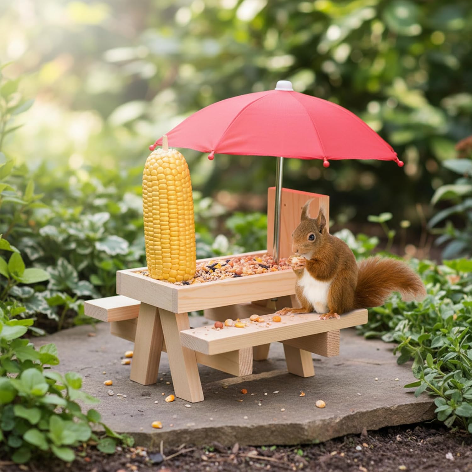 Squirrel Picnic Table Feeder, Handcrafted Wooden Squirrel House with Umbrella Weather-Resistant Chipmunk Feeder for Corn Cobs & Nut, Enchanting Outdoor Decor