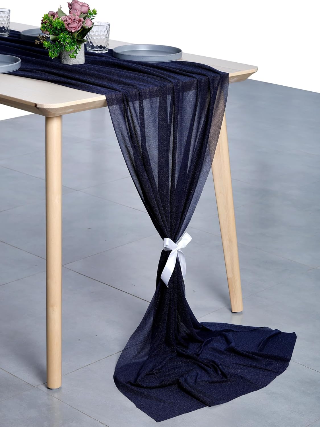VDS 14ft Chiffon Table Runner 29x170 Inches Shimmer Sheer Centerpiece Cloth for Wedding Bridal Shower Birthday Graduation Engagement Ceremony Event Party Banquet Table Decoration (25 PC)(Navy Blue)