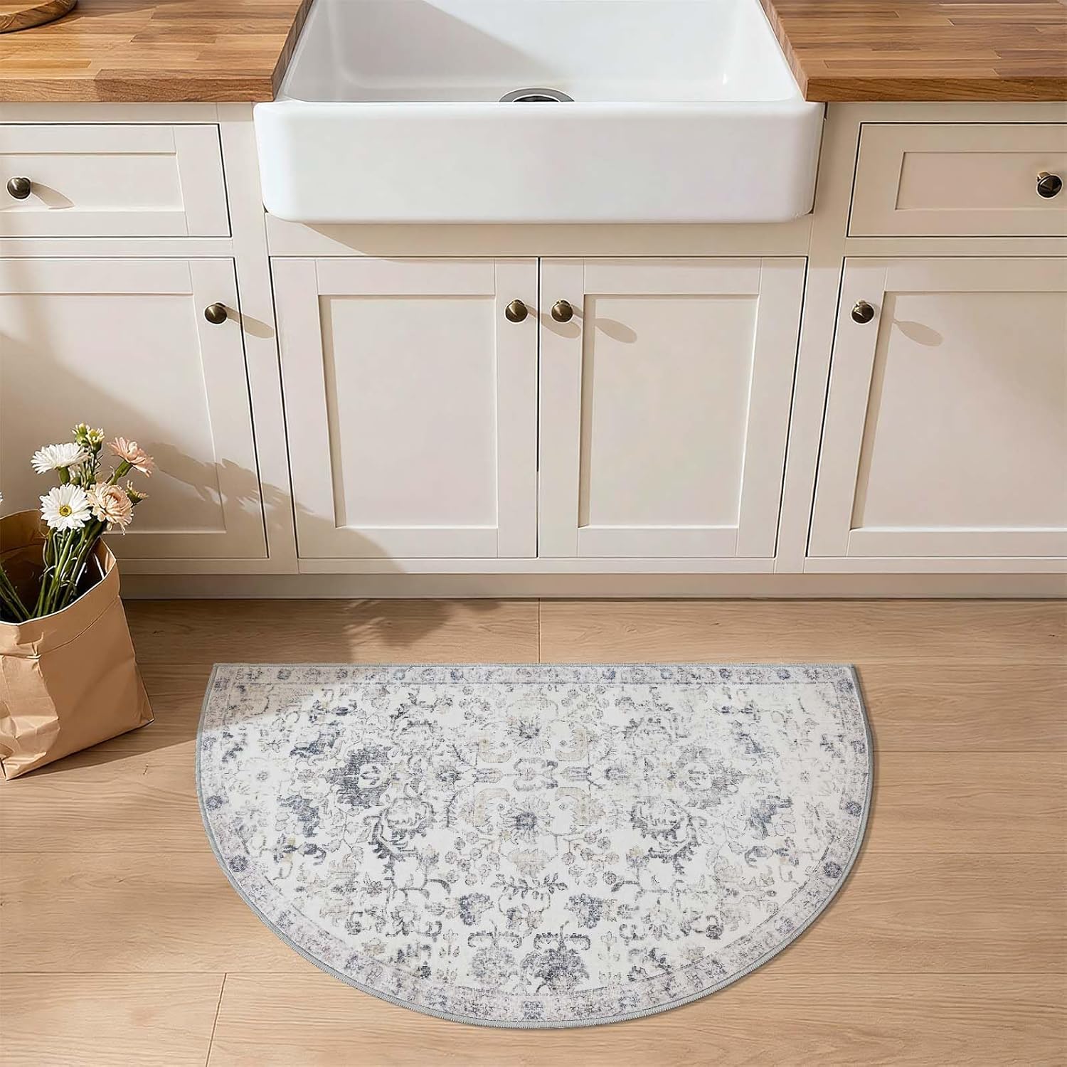 jinchan Kalen Floral Entryway Rug 2x3 Half Circle Area Rug Washable Vintage Half Moon Doormat Low-Pile Soft Small Non-Slip Semi Circle Carpet for Kitchen Laundry Room Bathroom Distressed Grey Multi