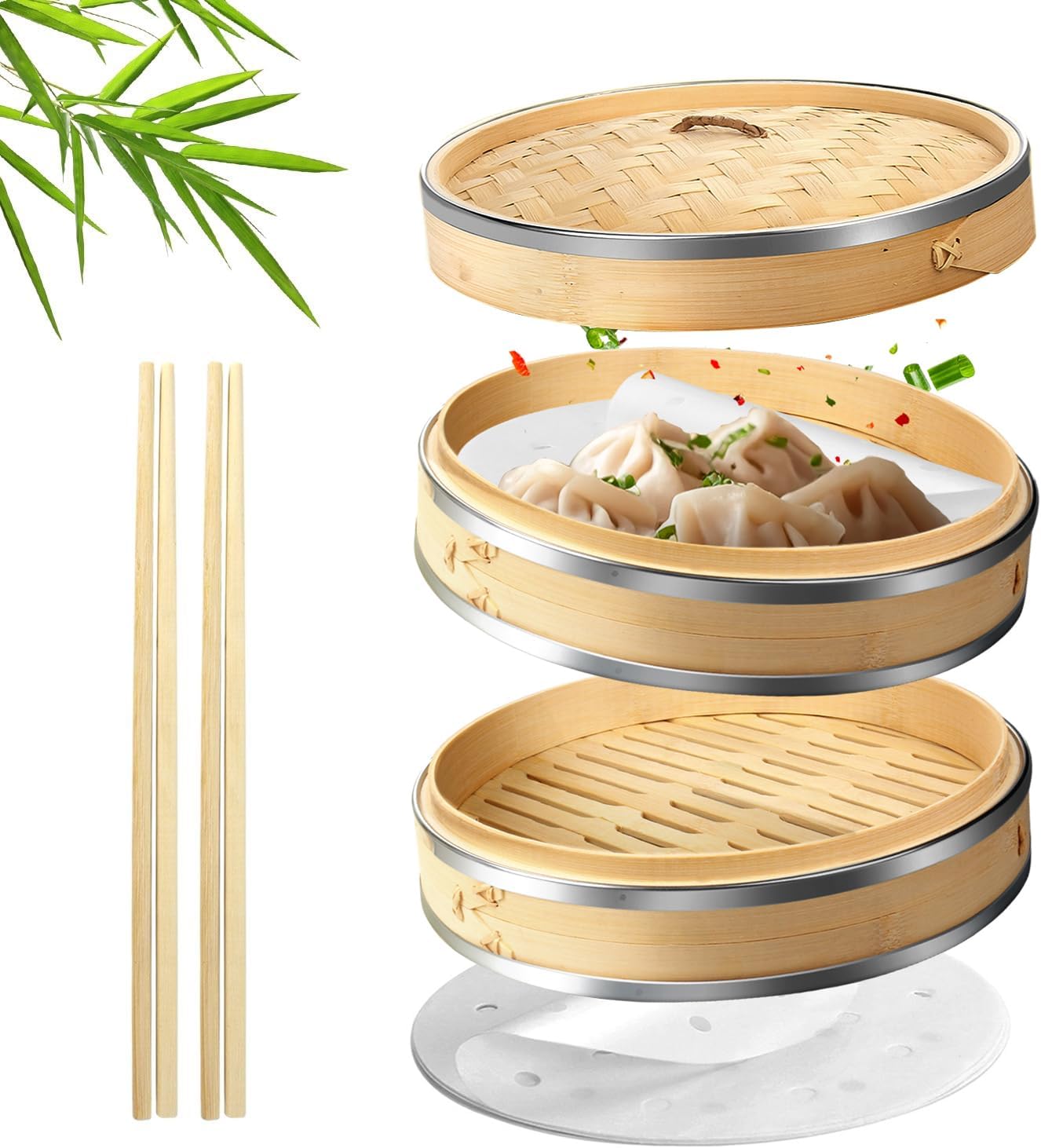 Flexzion Bamboo Steamer Basket Set (8 inch) with Stainless Steel Banding, 50 x Steamer Liners and 2 Pairs of Chopsticks, Steam Baskets for DimSum Dumplings, Rice, Vegetables, Fish and Meat