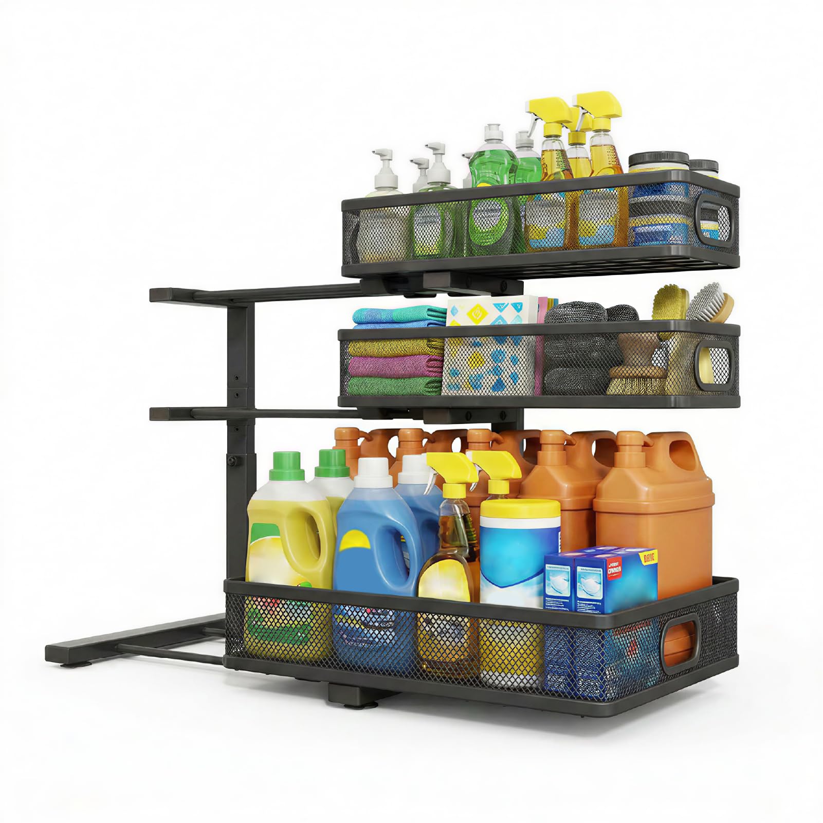 Organizzatore Estraibile 3 Livelli, Altezza regolabile, Acciaio Carbonio Cassetti Rete, Scaffale Sottolavello Cucina, Bagno, Dispensa (Antiscivolo)