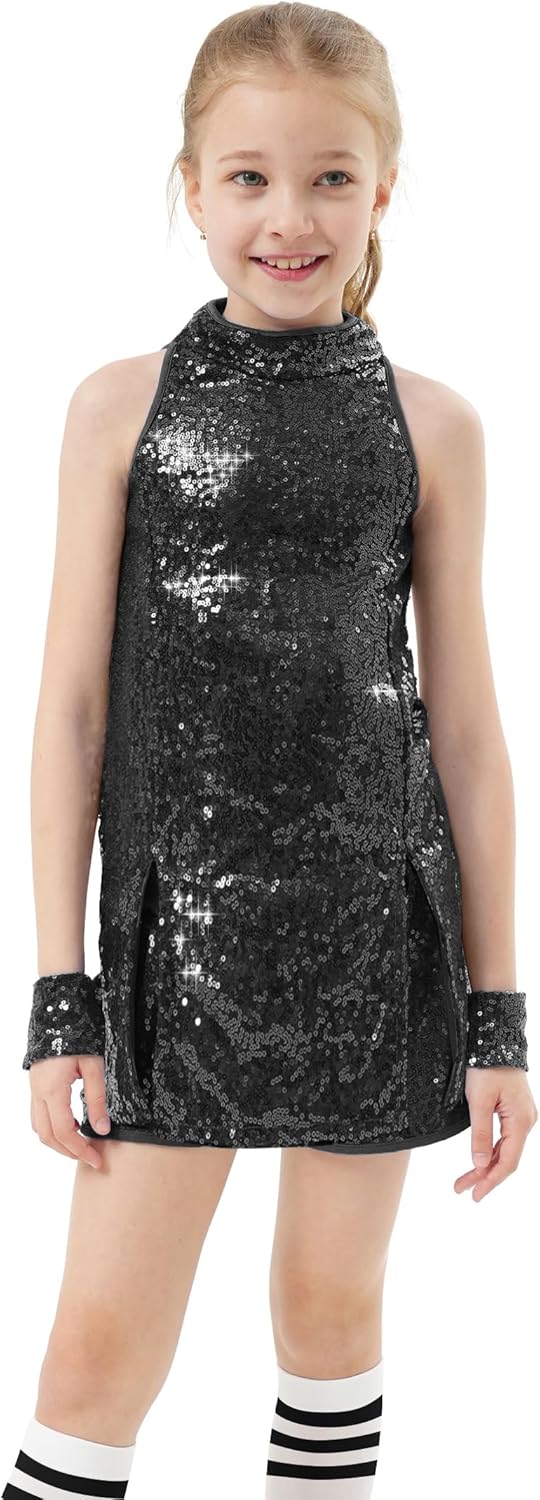 Girls Sequins Dance Outfit Dress Kids Sparkle Jazz Singer Star Costume Top Shorts 4PCS Set 3-14 Years